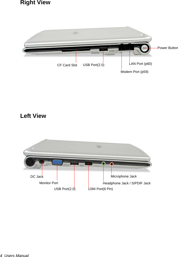 4  Users ManualRight ViewLeft ViewUSB Port(2.0)Modem Port (p59)Power ButtonLAN Port (p60)CF Card Slot1394 Port(6 Pin)Monitor PortMicrophone JackHeadphone Jack / S/PDIF JackDC JackUSB Port(2.0)
