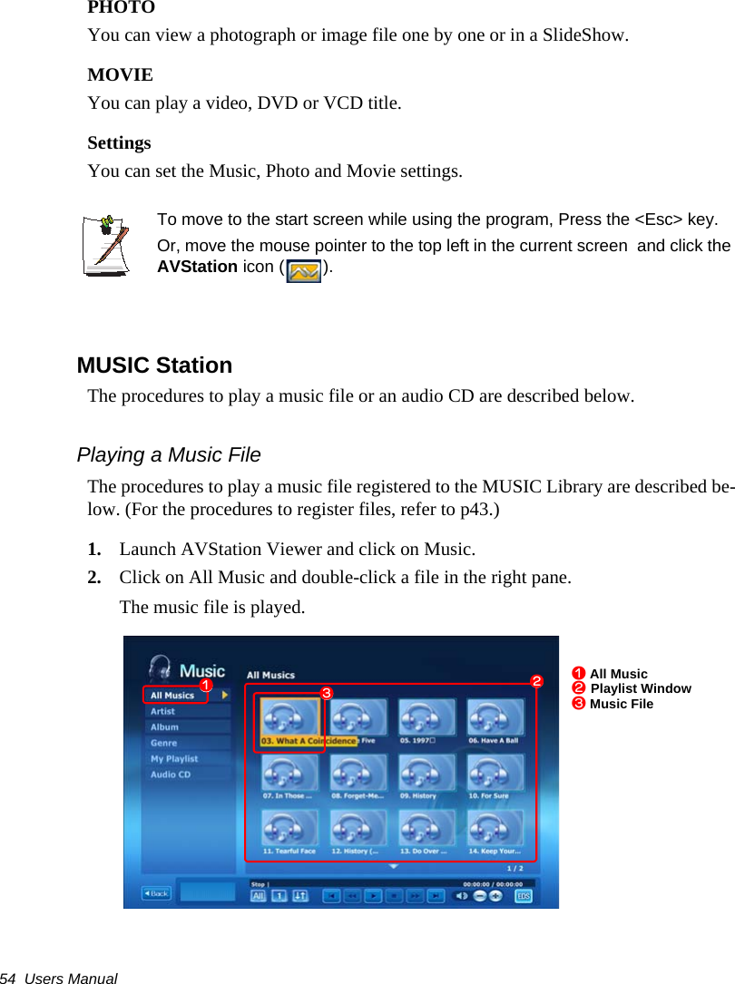 54  Users ManualPHOTOYou can view a photograph or image file one by one or in a SlideShow.MOVIEYou can play a video, DVD or VCD title.SettingsYou can set the Music, Photo and Movie settings.To move to the start screen while using the program, Press the <Esc> key.Or, move the mouse pointer to the top left in the current screen  and click the AVStation icon ( ).MUSIC StationThe procedures to play a music file or an audio CD are described below.Playing a Music FileThe procedures to play a music file registered to the MUSIC Library are described be-low. (For the procedures to register files, refer to p43.)1. Launch AVStation Viewer and click on Music.2. Click on All Music and double-click a file in the right pane.The music file is played.z All Musicx Playlist Windowc Music Filezxc