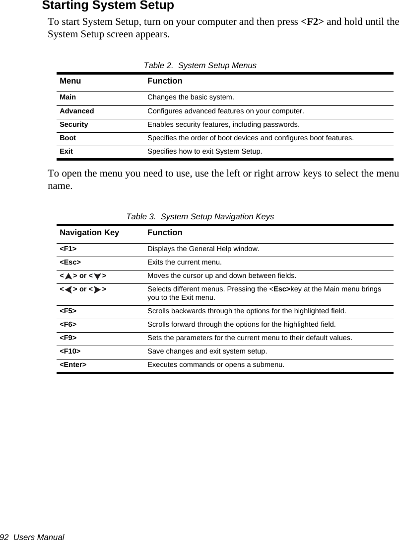 92  Users ManualStarting System SetupTo start System Setup, turn on your computer and then press <F2> and hold until the System Setup screen appears. Table 2.  System Setup MenusTo open the menu you need to use, use the left or right arrow keys to select the menu name. Table 3.  System Setup Navigation KeysMenu FunctionMain Changes the basic system.Advanced Configures advanced features on your computer.Security Enables security features, including passwords.Boot Specifies the order of boot devices and configures boot features.Exit Specifies how to exit System Setup.Navigation Key Function<F1> Displays the General Help window.<Esc> Exits the current menu.<> or <> Moves the cursor up and down between fields.<> or <> Selects different menus. Pressing the <Esc>key at the Main menu brings you to the Exit menu.<F5>  Scrolls backwards through the options for the highlighted field.<F6> Scrolls forward through the options for the highlighted field.<F9> Sets the parameters for the current menu to their default values.<F10> Save changes and exit system setup.<Enter> Executes commands or opens a submenu.