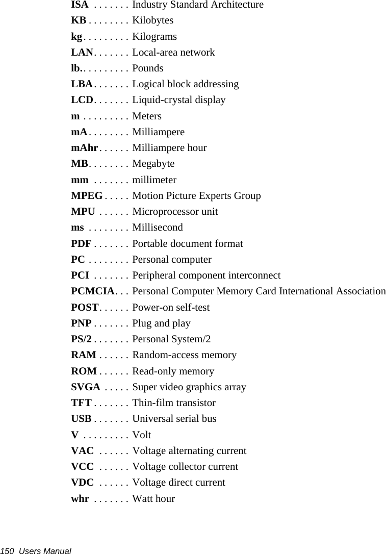 150  Users ManualISA  . . . . . . . Industry Standard ArchitectureKB . . . . . . . . Kilobyteskg. . . . . . . . . KilogramsLAN. . . . . . . Local-area networklb.. . . . . . . . . PoundsLBA. . . . . . . Logical block addressingLCD. . . . . . . Liquid-crystal displaym . . . . . . . . . MetersmA. . . . . . . . MilliamperemAhr. . . . . . Milliampere hourMB. . . . . . . . Megabytemm  . . . . . . . millimeterMPEG . . . . . Motion Picture Experts GroupMPU . . . . . . Microprocessor unitms  . . . . . . . . MillisecondPDF . . . . . . . Portable document formatPC . . . . . . . . Personal computerPCI  . . . . . . . Peripheral component interconnectPCMCIA. . . Personal Computer Memory Card International AssociationPOST. . . . . . Power-on self-testPNP . . . . . . . Plug and playPS/2 . . . . . . . Personal System/2RAM . . . . . . Random-access memoryROM . . . . . . Read-only memorySVGA . . . . . Super video graphics arrayTFT . . . . . . . Thin-film transistorUSB . . . . . . . Universal serial busV . . . . . . . . . VoltVAC  . . . . . . Voltage alternating currentVCC  . . . . . . Voltage collector currentVDC  . . . . . . Voltage direct currentwhr  . . . . . . . Watt hour