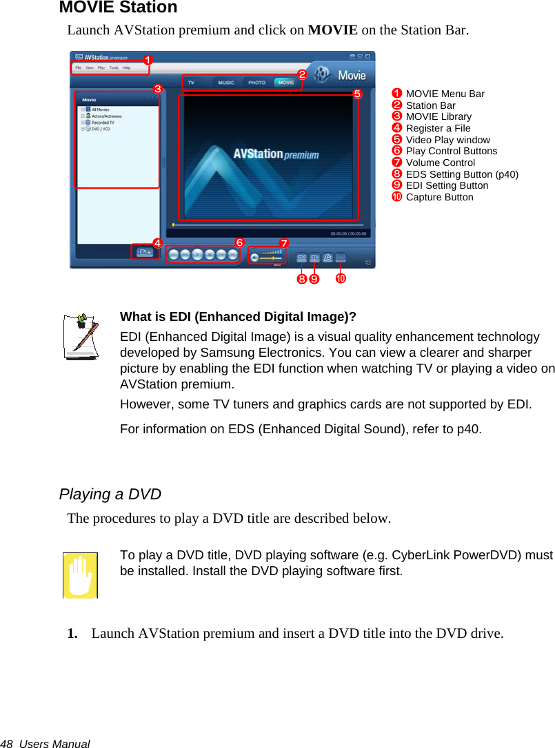 48  Users ManualMOVIE StationLaunch AVStation premium and click on MOVIE on the Station Bar.What is EDI (Enhanced Digital Image)?EDI (Enhanced Digital Image) is a visual quality enhancement technology developed by Samsung Electronics. You can view a clearer and sharper picture by enabling the EDI function when watching TV or playing a video on AVStation premium.However, some TV tuners and graphics cards are not supported by EDI.For information on EDS (Enhanced Digital Sound), refer to p40.Playing a DVDThe procedures to play a DVD title are described below.To play a DVD title, DVD playing software (e.g. CyberLink PowerDVD) must be installed. Install the DVD playing software first.1. Launch AVStation premium and insert a DVD title into the DVD drive.z MOVIE Menu Barx Station Barc MOVIE Libraryv Register a Fileb Video Play windown Play Control Buttonsm Volume Control, EDS Setting Button (p40). EDI Setting Button/ Capture Buttonzxcbm./vn,