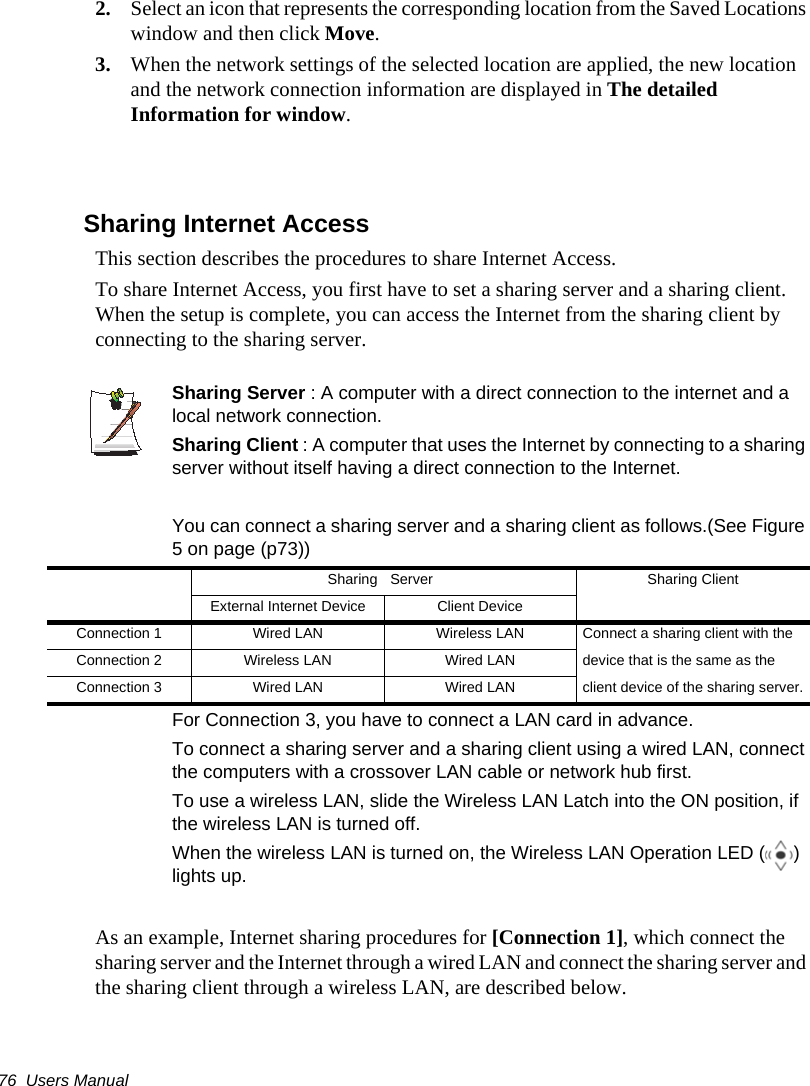 76  Users Manual2. Select an icon that represents the corresponding location from the Saved Locations window and then click Move.3. When the network settings of the selected location are applied, the new location and the network connection information are displayed in The detailed Information for window.Sharing Internet AccessThis section describes the procedures to share Internet Access.To share Internet Access, you first have to set a sharing server and a sharing client. When the setup is complete, you can access the Internet from the sharing client by connecting to the sharing server.Sharing Server : A computer with a direct connection to the internet and a local network connection.Sharing Client : A computer that uses the Internet by connecting to a sharing server without itself having a direct connection to the Internet.You can connect a sharing server and a sharing client as follows.(See Figure 5 on page (p73))For Connection 3, you have to connect a LAN card in advance.To connect a sharing server and a sharing client using a wired LAN, connect the computers with a crossover LAN cable or network hub first.To use a wireless LAN, slide the Wireless LAN Latch into the ON position, if the wireless LAN is turned off.When the wireless LAN is turned on, the Wireless LAN Operation LED ( ) lights up.As an example, Internet sharing procedures for [Connection 1], which connect the sharing server and the Internet through a wired LAN and connect the sharing server and the sharing client through a wireless LAN, are described below.Sharing Server Sharing ClientExternal Internet Device Client DeviceConnection 1 Wired LAN Wireless LAN Connect a sharing client with the Connection 2 Wireless LAN Wired LAN device that is the same as the Connection 3 Wired LAN Wired LAN client device of the sharing server.