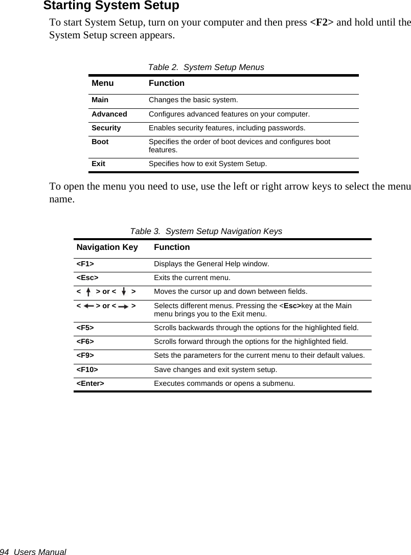94  Users ManualStarting System SetupTo start System Setup, turn on your computer and then press &lt;F2&gt; and hold until the System Setup screen appears. Table 2.  System Setup MenusTo open the menu you need to use, use the left or right arrow keys to select the menu name. Table 3.  System Setup Navigation KeysMenu FunctionMain Changes the basic system.Advanced Configures advanced features on your computer.Security Enables security features, including passwords.Boot Specifies the order of boot devices and configures boot features.Exit Specifies how to exit System Setup.Navigation Key Function&lt;F1&gt; Displays the General Help window.&lt;Esc&gt; Exits the current menu.&lt;&gt; or &lt;&gt; Moves the cursor up and down between fields.&lt;&gt; or &lt;&gt; Selects different menus. Pressing the &lt;Esc&gt;key at the Main menu brings you to the Exit menu.&lt;F5&gt;  Scrolls backwards through the options for the highlighted field.&lt;F6&gt; Scrolls forward through the options for the highlighted field.&lt;F9&gt; Sets the parameters for the current menu to their default values.&lt;F10&gt; Save changes and exit system setup.&lt;Enter&gt; Executes commands or opens a submenu.