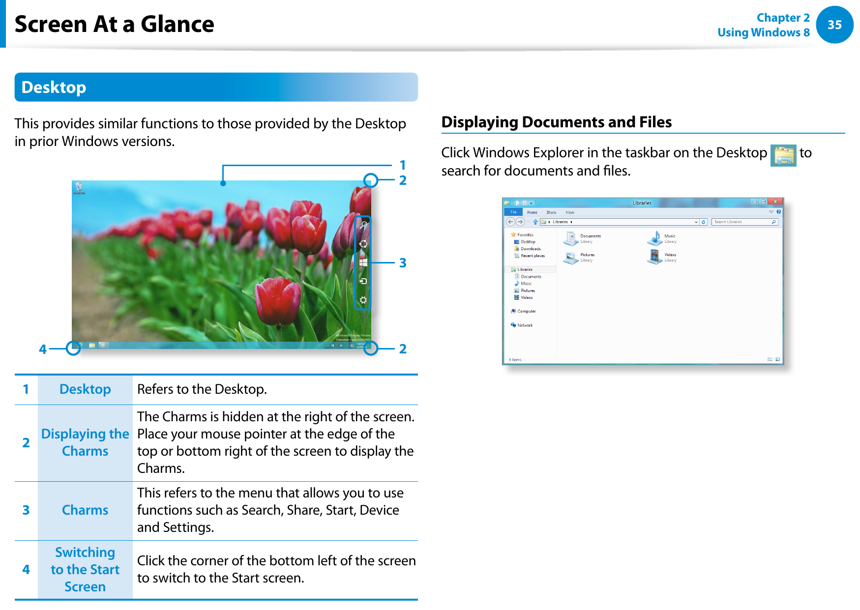 3435Chapter 2 Using Windows 8  Screen At a GlanceDesktopThis provides similar functions to those provided by the Desktop in prior Windows versions.  342211Desktop Refers to the Desktop.2Displaying the CharmsThe Charms is hidden at the right of the screen. Place your mouse pointer at the edge of the top or bottom right of the screen to display the Charms.3CharmsThis refers to the menu that allows you to use functions such as Search, Share, Start, Device and Settings.4Switching to the Start ScreenClick the corner of the bottom left of the screen to switch to the Start screen.Displaying Documents and FilesClick Windows Explorer in the taskbar on the Desktop   to search for documents and les.