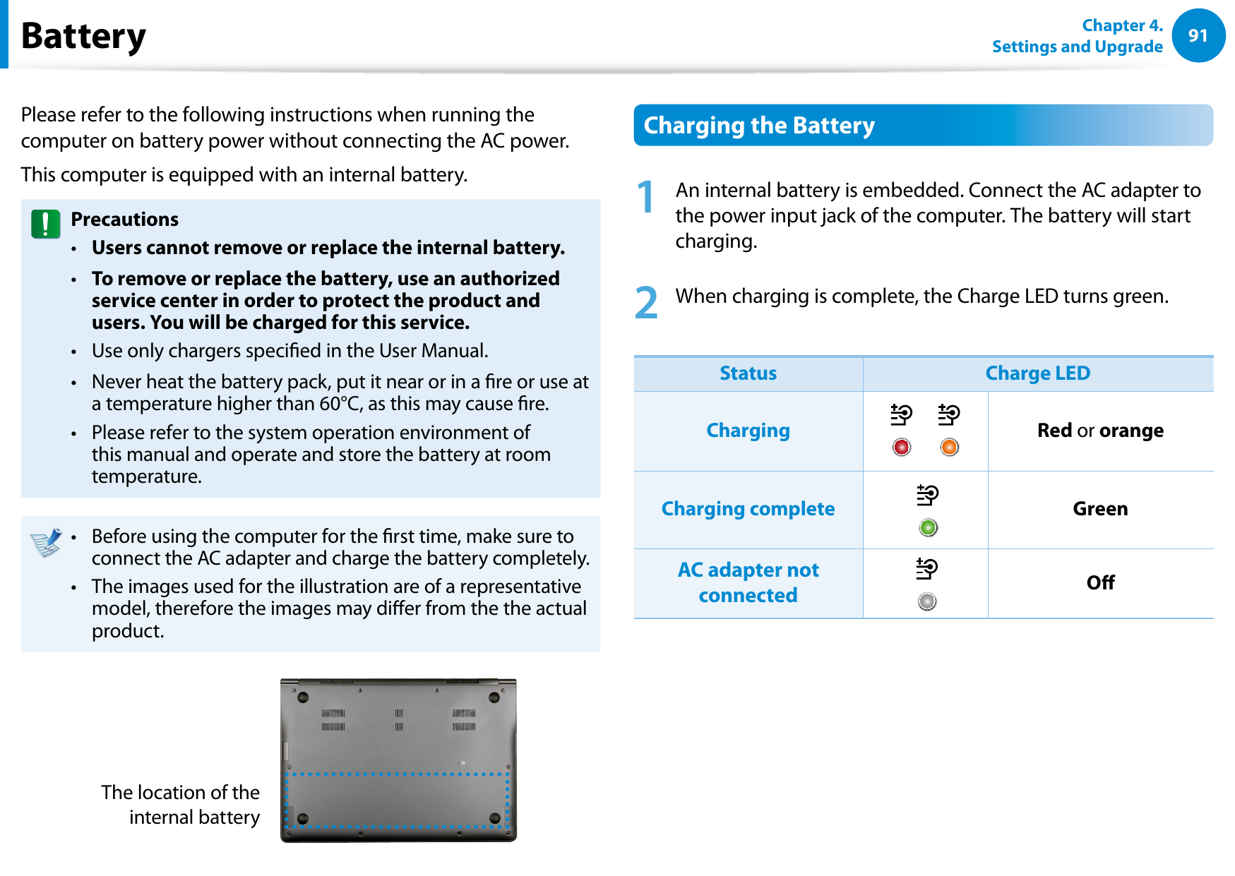 9091Chapter 4. Settings and UpgradeBatteryPlease refer to the following instructions when running the computer on battery power without connecting the AC power. This computer is equipped with an internal battery. PrecautionsUsers cannot remove or replace the internal battery. • To remove or replace the battery, use an authorized • service center in order to protect the product and users. You will be charged for this service.Use only chargers specied in the User Manual.• Never heat the battery pack, put it near or in a re or use at • a temperature higher than 60°C, as this may cause re.Please refer to the system operation environment of • this manual and operate and store the battery at room temperature.Before using the computer for the rst time, make sure to • connect the AC adapter and charge the battery completely.The images used for the illustration are of a representative • model, therefore the images may dier from the the actual product.The location of the internal batteryCharging the Battery1  An internal battery is embedded. Connect the AC adapter to the power input jack of the computer. The battery will start charging.2  When charging is complete, the Charge LED turns green.Status Charge LEDCharging Red or orangeCharging complete GreenAC adapter not connected O