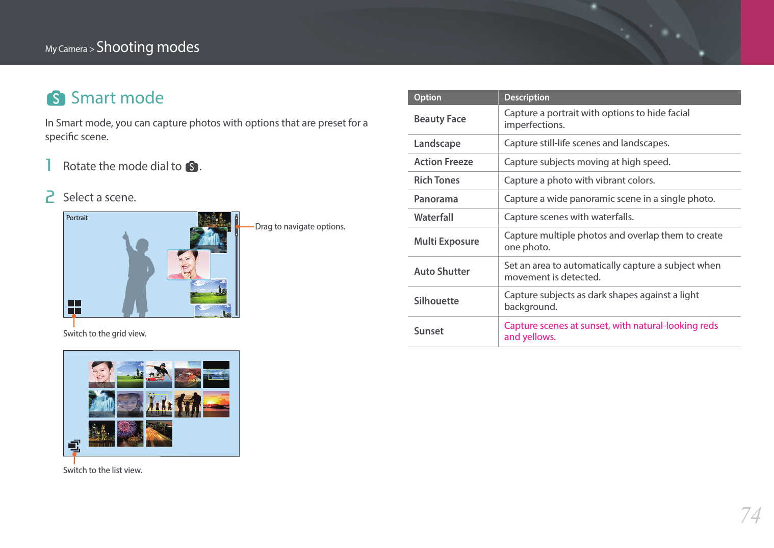 My Camera &gt; Shooting modes74s Smart modeIn Smart mode, you can capture photos with options that are preset for a specic scene.1  Rotate the mode dial to s.2  Select a scene.Drag to navigate options.Switch to the grid view.PortraitSwitch to the list view.Option DescriptionBeauty FaceCapture a portrait with options to hide facial imperfections.LandscapeCapture still-life scenes and landscapes.Action FreezeCapture subjects moving at high speed.Rich TonesCapture a photo with vibrant colors.PanoramaCapture a wide panoramic scene in a single photo.WaterfallCapture scenes with waterfalls.Multi ExposureCapture multiple photos and overlap them to create one photo.Auto ShutterSet an area to automatically capture a subject when movement is detected.SilhouetteCapture subjects as dark shapes against a light background.SunsetCapture scenes at sunset, with natural-looking reds and yellows.