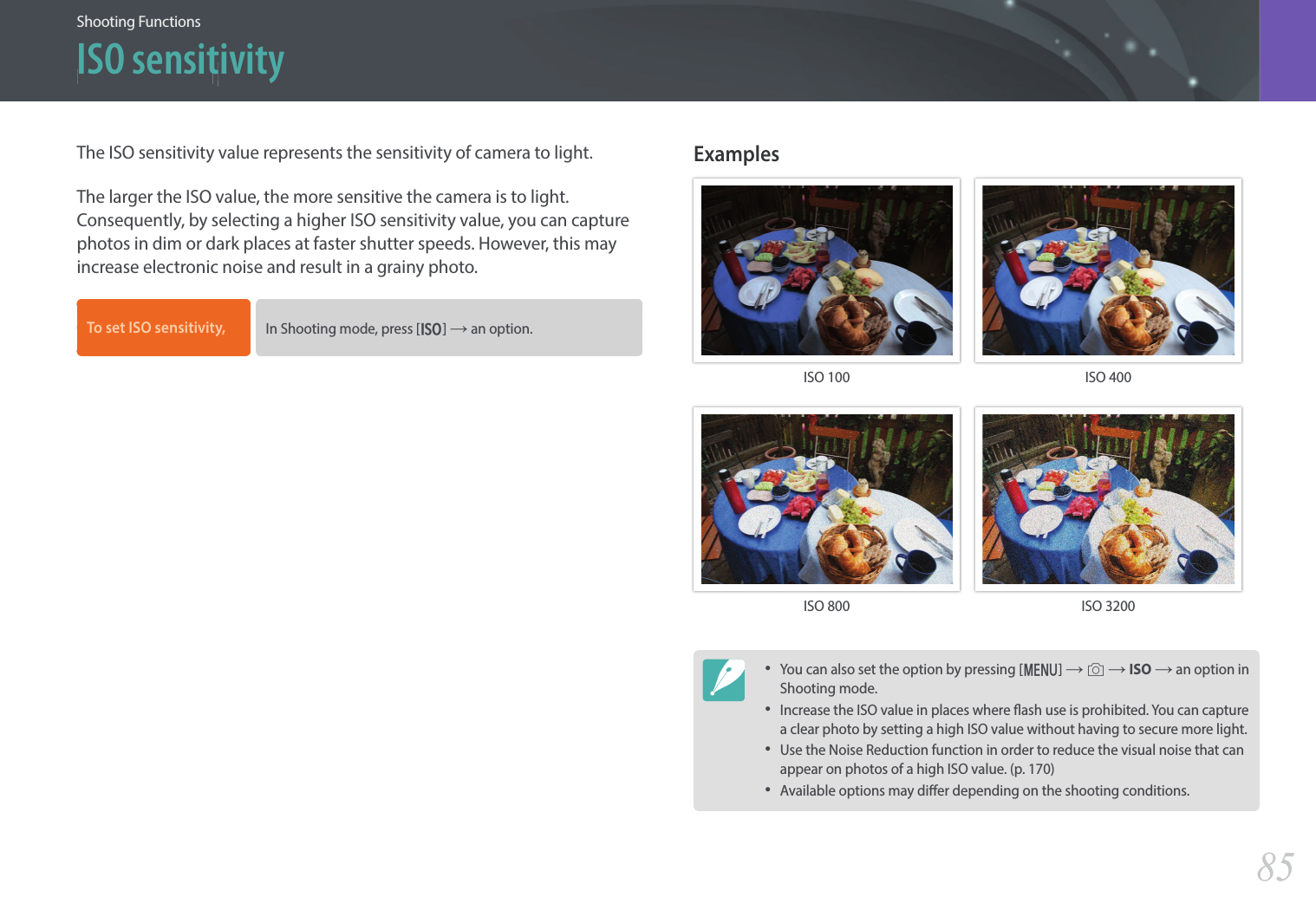 85Shooting Functions &gt; ISO sensitivity85Shooting Functions &gt; ISO sensitivityShooting FunctionsThe ISO sensitivity value represents the sensitivity of camera to light.The larger the ISO value, the more sensitive the camera is to light. Consequently, by selecting a higher ISO sensitivity value, you can capture photos in dim or dark places at faster shutter speeds. However, this may increase electronic noise and result in a grainy photo.To set ISO sensitivity, In Shooting mode, press [I] → an option.ExamplesISO 100 ISO 400ISO 800 ISO 3200•You can also set the option by pressing [m] → b → ISO → an option in Shooting mode.•Increase the ISO value in places where ash use is prohibited. You can capture a clear photo by setting a high ISO value without having to secure more light.•Use the Noise Reduction function in order to reduce the visual noise that can appear on photos of a high ISO value. (p. 170)•Available options may dier depending on the shooting conditions.ISO sensitivity