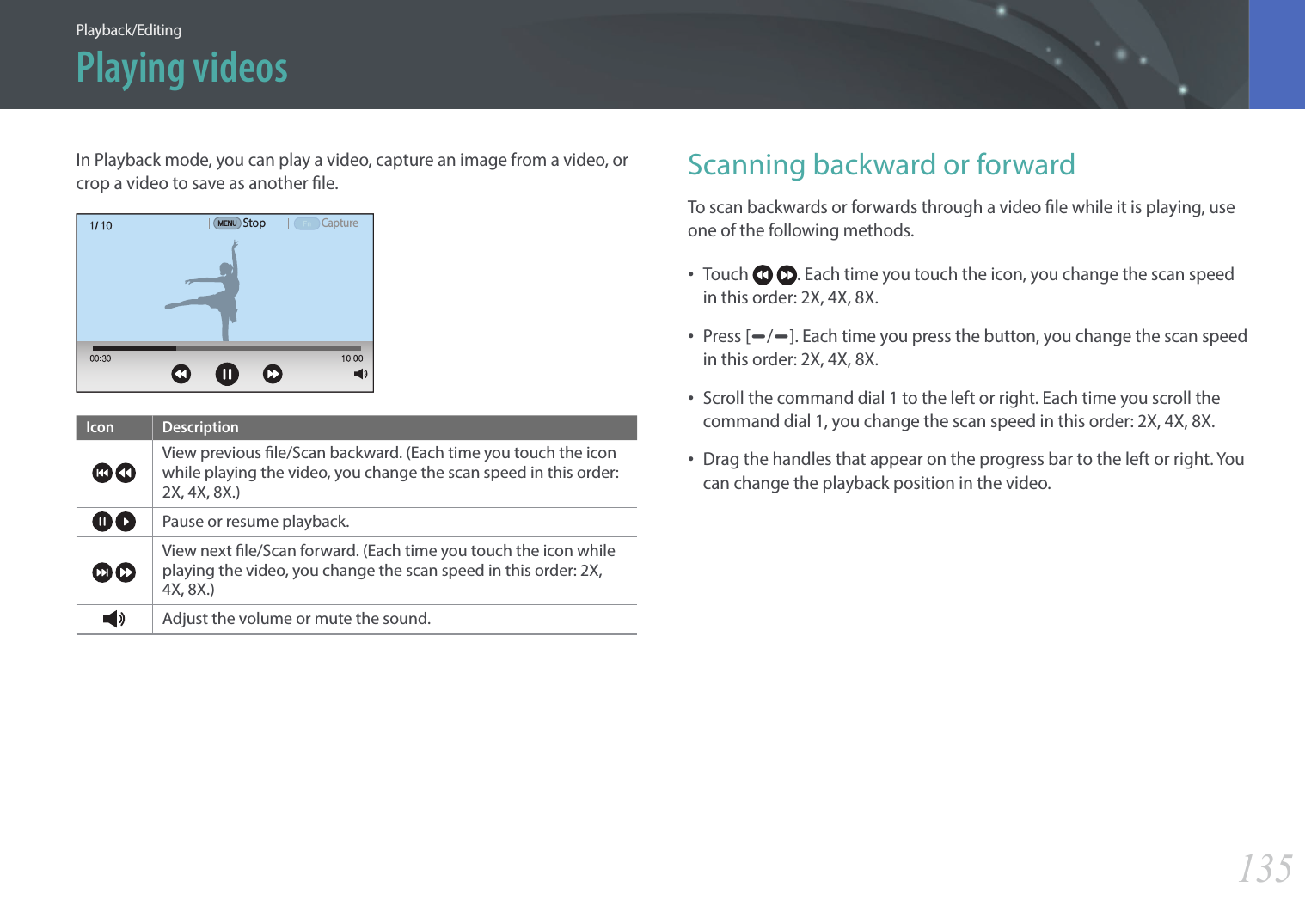 135Playback/EditingIn Playback mode, you can play a video, capture an image from a video, or crop a video to save as another le.StopCaptureIcon Description View previous le/Scan backward. (Each time you touch the icon while playing the video, you change the scan speed in this order: 2X, 4X, 8X.) Pause or resume playback. View next le/Scan forward. (Each time you touch the icon while playing the video, you change the scan speed in this order: 2X, 4X, 8X.)Adjust the volume or mute the sound. Scanning backward or forwardTo scan backwards or forwards through a video le while it is playing, use one of the following methods.•Touch    . Each time you touch the icon, you change the scan speed in this order: 2X, 4X, 8X.•Press [e/e]. Each time you press the button, you change the scan speed in this order: 2X, 4X, 8X.•Scroll the command dial 1 to the left or right. Each time you scroll the command dial 1, you change the scan speed in this order: 2X, 4X, 8X.•Drag the handles that appear on the progress bar to the left or right. You can change the playback position in the video.Playing videos