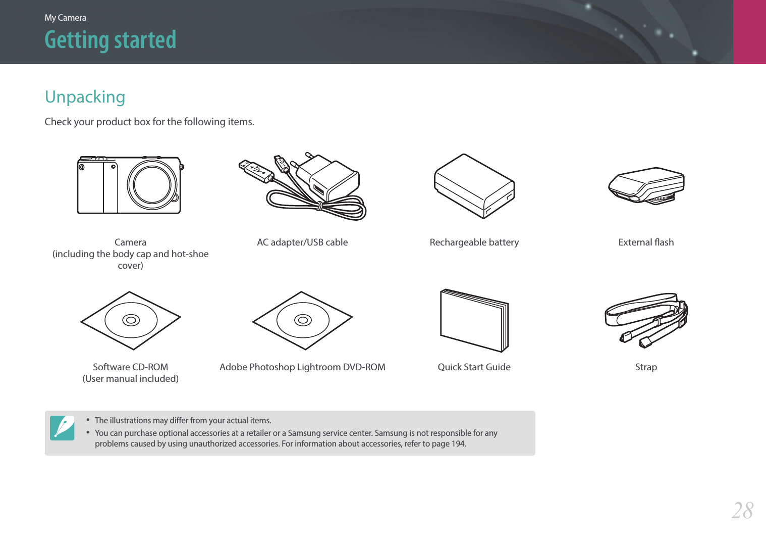 My Camera28Getting startedUnpackingCheck your product box for the following items.Camera  (including the body cap and hot-shoe cover)AC adapter/USB cable Rechargeable battery External ashSoftware CD-ROM (User manual included)Adobe Photoshop Lightroom DVD-ROM Quick Start Guide Strap• The illustrations may dier from your actual items. • You can purchase optional accessories at a retailer or a Samsung service center. Samsung is not responsible for any problems caused by using unauthorized accessories. For information about accessories, refer to page 194.
