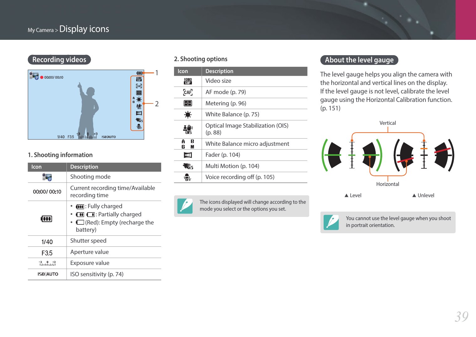 My Camera &gt; Display icons392. Shooting optionsIcon DescriptionVideo sizeAF mode (p. 79)Metering (p. 96)White Balance (p. 75)Optical Image Stabilization (OIS)  (p. 88)White Balance micro adjustmentFader (p. 104)Multi Motion (p. 104)Voice recording o (p. 105)The icons displayed will change according to the mode you select or the options you set.About the level gaugeThe level gauge helps you align the camera with the horizontal and vertical lines on the display. If the level gauge is not level, calibrate the level gauge using the Horizontal Calibration function. (p. 151) VerticalHorizontal▲ Level ▲ UnlevelYou cannot use the level gauge when you shoot in portrait orientation.Recording videos121. Shooting informationIcon DescriptionShooting modeCurrent recording time/Available recording time•  : Fully charged•    : Partially charged•  (Red): Empty (recharge the battery)Shutter speedAperture valueExposure valueISO sensitivity (p. 74)
