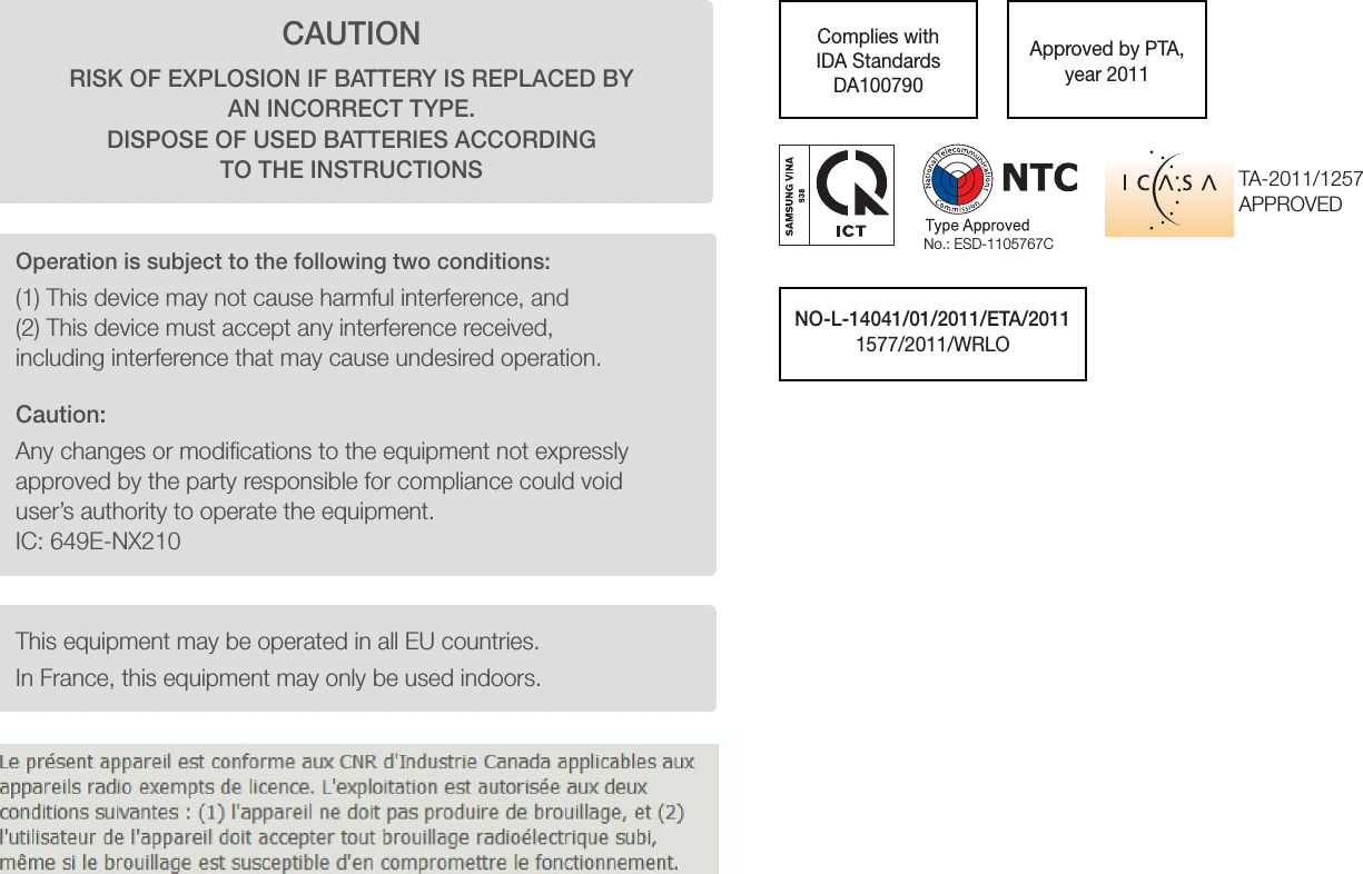 178CAUTIONRISK OF EXPLOSION IF BATTERY IS REPLACED BY  AN INCORRECT TYPE. DISPOSE OF USED BATTERIES ACCORDING TO THE INSTRUCTIONSOperation is subject to the following two conditions:(1) This device may not cause harmful interference, and  (2) This device must accept any interference received,  including interference that may cause undesired operation.Caution:Any changes or modiﬁcations to the equipment not expressly approved by the party responsible for compliance could void user’s authority to operate the equipment. IC: 649E-NX210This equipment may be operated in all EU countries.In France, this equipment may only be used indoors.Complies with IDA Standards DA100790NO-L-14041/01/2011/ETA/20111577/2011/WRLOApproved by PTA, year 2011TA-2011/1257 APPROVEDNo.: ESD-1105767C