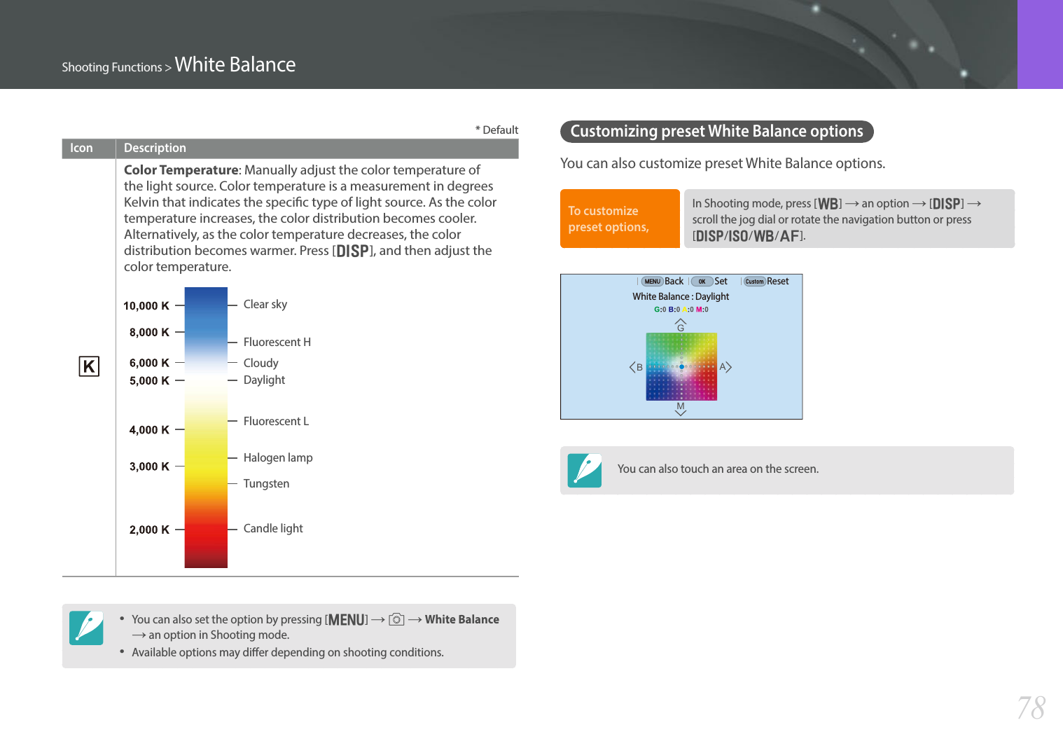78Shooting Functions &gt; White Balance* DefaultIcon DescriptionColor Temperature: Manually adjust the color temperature of the light source. Color temperature is a measurement in degrees Kelvin that indicates the specic type of light source. As the color temperature increases, the color distribution becomes cooler. Alternatively, as the color temperature decreases, the color distribution becomes warmer. Press [D], and then adjust the color temperature.Clear skyFluorescent HFluorescent LCloudyHalogen lampDaylightTungstenCandle light• You can also set the option by pressing [m] ĺ b ĺ White Balance ĺ an option in Shooting mode. • Available options may dier depending on shooting conditions.Customizing preset White Balance optionsYou can also customize preset White Balance options.To customize preset options,In Shooting mode, press [C] ĺ an option ĺ [D] ĺ scroll the jog dial or rotate the navigation button or press [D/I/C/F]. White Balance : DaylightBack Set ResetYou can also touch an area on the screen.