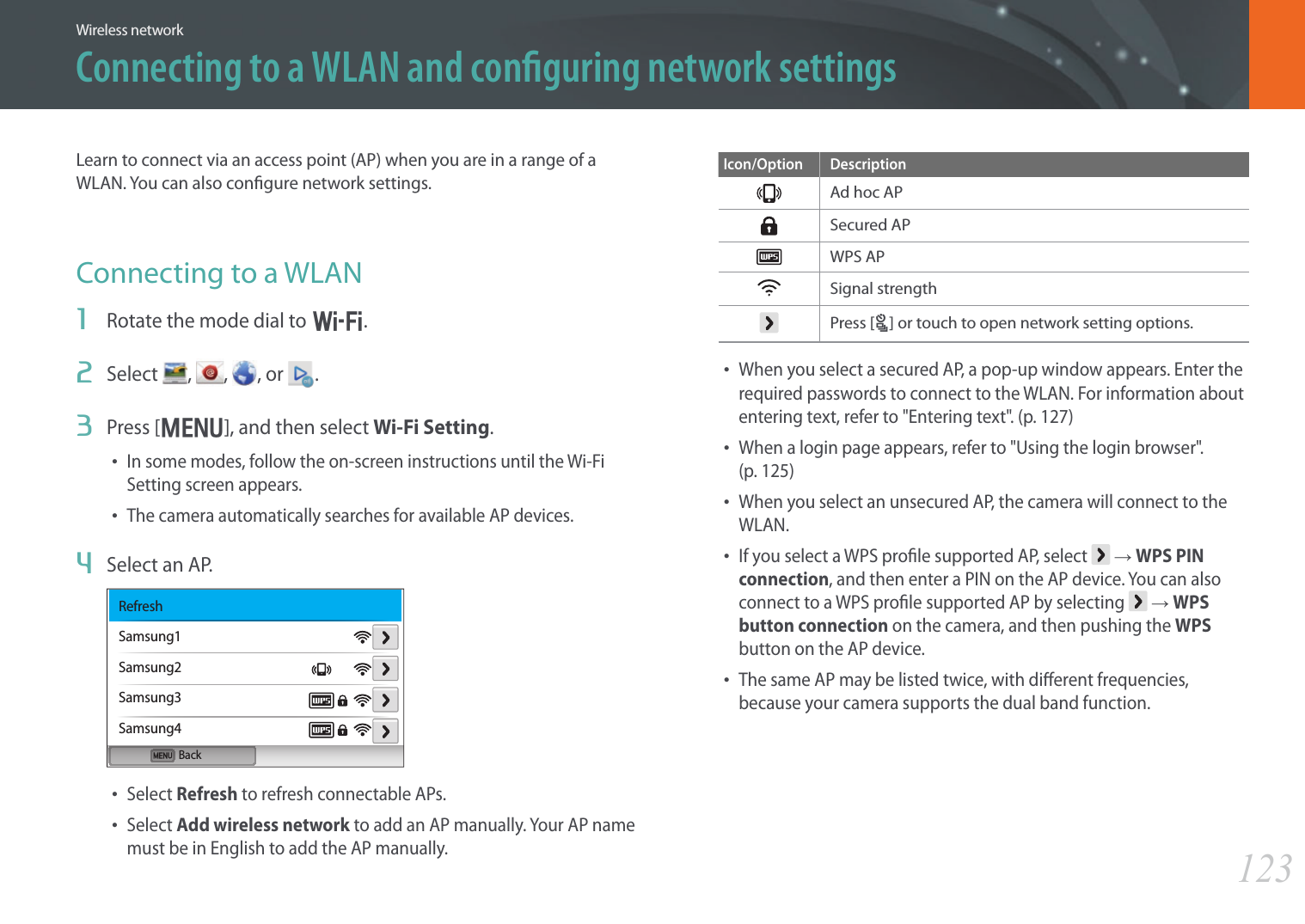 123Wireless networkConnecting to a WLAN and conguring network settingsLearn to connect via an access point (AP) when you are in a range of a WLAN. You can also congure network settings.Connecting to a WLAN1  Rotate the mode dial to B.2  Select  ,  , , or  .3  Press [m], and then select Wi-Fi Setting.• In some modes, follow the on-screen instructions until the Wi-Fi Setting screen appears.• The camera automatically searches for available AP devices.4  Select an AP.BackRefreshSamsung1Samsung2Samsung3Samsung4• Select Refresh to refresh connectable APs.• Select Add wireless network to add an AP manually. Your AP name must be in English to add the AP manually.Icon/Option DescriptionAd hoc APSecured APWPS APSignal strengthPress [C] or touch to open network setting options.• When you select a secured AP, a pop-up window appears. Enter the required passwords to connect to the WLAN. For information about entering text, refer to &quot;Entering text&quot;. (p. 127)• When a login page appears, refer to &quot;Using the login browser&quot;.  (p. 125)• When you select an unsecured AP, the camera will connect to the WLAN.• If you select a WPS prole supported AP, select   → WPS PIN connection, and then enter a PIN on the AP device. You can also connect to a WPS prole supported AP by selecting   → WPS button connection on the camera, and then pushing the WPS button on the AP device.• The same AP may be listed twice, with dierent frequencies, because your camera supports the dual band function.