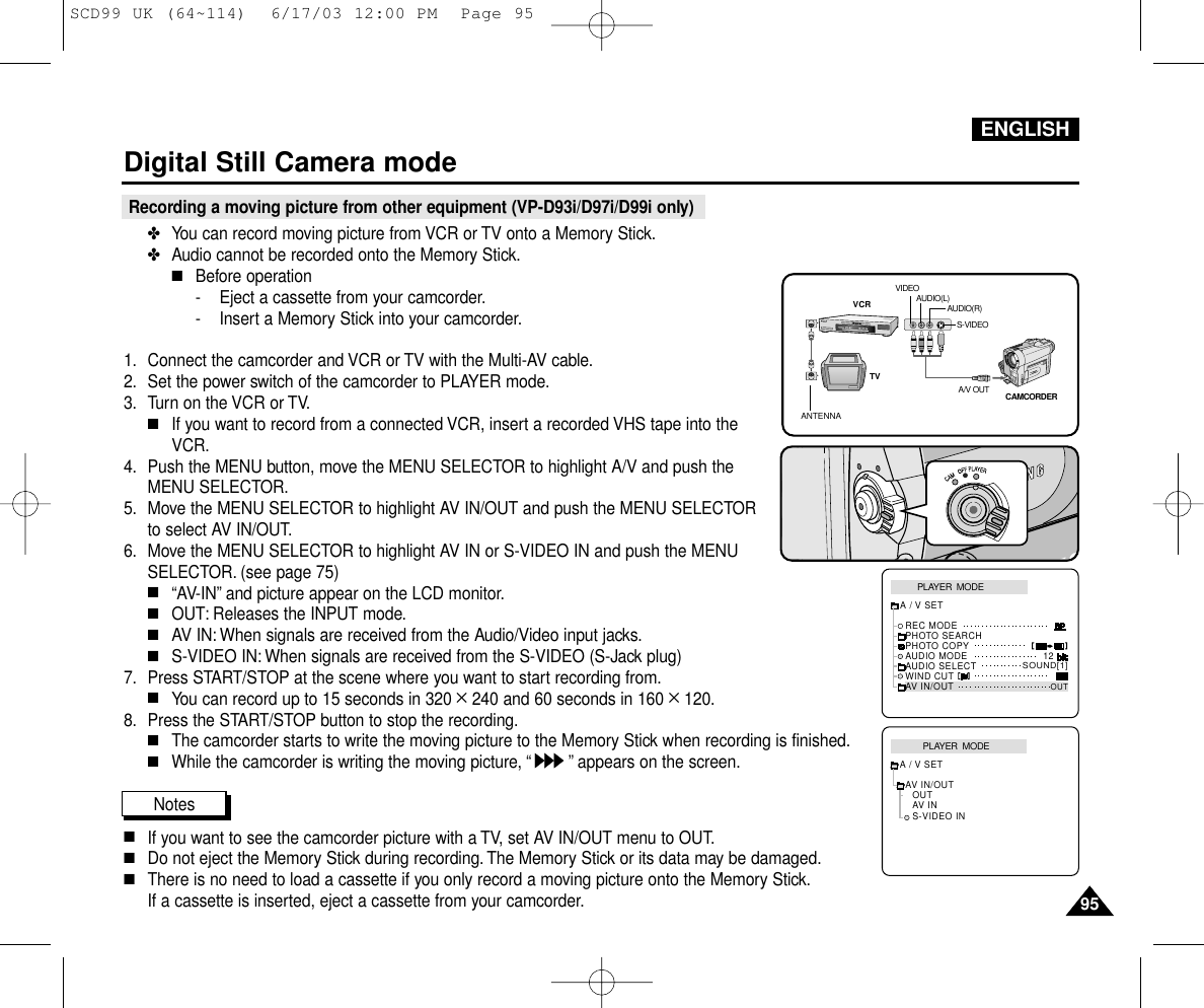 ENGLISH9595Recording a moving picture from other equipment (VP-D93i/D97i/D99i only)✤You can record moving picture from VCR or TV onto a Memory Stick.✤Audio cannot be recorded onto the Memory Stick.■Before operation- Eject a cassette from your camcorder.- Insert a Memory Stick into your camcorder.1. Connect the camcorder and VCR or TV with the Multi-AV cable.2. Set the power switch of the camcorder to PLAYER mode.3. Turn on the VCR or TV.■If you want to record from a connected VCR, insert a recorded VHS tape into theVCR.4. Push the MENU button, move the MENU SELECTOR to highlight A/V and push theMENU SELECTOR.5. Move the MENU SELECTOR to highlight AV IN/OUT and push the MENU SELECTORto select AV IN/OUT.6. Move the MENU SELECTOR to highlight AV IN or S-VIDEO IN and push the MENUSELECTOR. (see page 75)■“AV-IN”and picture appear on the LCD monitor.■OUT: Releases the INPUT mode.■AV IN: When signals are received from the Audio/Video input jacks.■S-VIDEO IN: When signals are received from the S-VIDEO (S-Jack plug)7. Press START/STOP at the scene where you want to start recording from.■You can record up to 15 seconds in 320 ✕240 and 60 seconds in 160 ✕120.8. Press the START/STOP button to stop the recording.■The camcorder starts to write the moving picture to the Memory Stick when recording is finished.■While the camcorder is writing the moving picture, “”appears on the screen.Notes■If you want to see the camcorder picture with a TV, set AV IN/OUT menu to OUT.■Do not eject the Memory Stick during recording. The Memory Stick or its data may be damaged.■There is no need to load a cassette if you only record a moving picture onto the Memory Stick.If a cassette is inserted, eject a cassette from your camcorder.Digital Still Camera modePLAYER  MODEREC MODEPHOTO SEARCHPHOTO COPYAUDIO MODE 12SOUND[1]AUDIO SELECTWIND CUTA / V SETAV IN/OUTOUTPLAYER  MODEA / V SETS-VIDEO INAV IN/OUTOUTAV INANTENNAS-VIDEOA/V OUTTVVCRCAMCORDERVIDEOAUDIO(L)AUDIO(R)SCD99 UK (64~114)  6/17/03 12:00 PM  Page 95