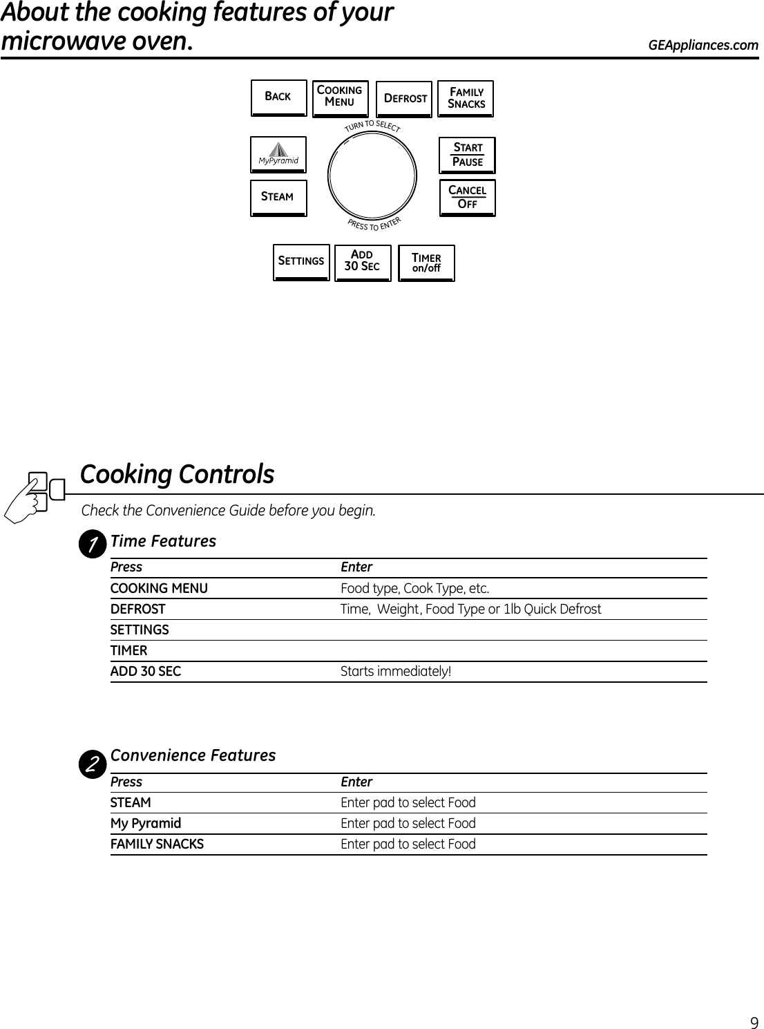 9About the cooking features of your  microwave oven. GEAppliances.comTIMERon/offSETTINGS ADD30 SECSTARTPAUSECANCELOFFDEFROSTBACK COOKINGMENUTURN TO SELECT      PRESS TO ENTERSTEAMFAMILYSNACKSCooking ControlsTime FeaturesPress  EnterCOOKING MENU  Food type, Cook Type, etc.DEFROST  Time,  Weight, Food Type or 1lb Quick Defrost   SETTINGSTIMERADD 30 SEC  Starts immediately!Convenience FeaturesPress  Enter STEAM Enter pad to select FoodMy Pyramid Enter pad to select FoodFAMILY SNACKS Enter pad to select Food Check the Convenience Guide before you begin.