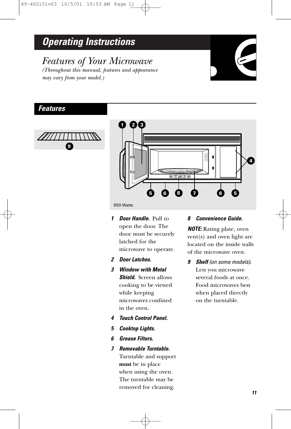 Operating InstructionsFeatures of Your Microwave(Throughout this manual, features and appearancemay vary from your model.)1 Door Handle.  Pull toopen the door. Thedoor must be securelylatched for themicrowave to operate.2 Door Latches.3 Window with MetalShield.  Screen allowscooking to be viewedwhile keepingmicrowaves confined in the oven.4 Touch Control Panel. 5 Cooktop Lights.6 Grease Filters.7 Removable Turntable.Turntable and supportmust be in place when using the oven.The turntable may beremoved for cleaning.8 Convenience Guide.NOTE: Rating plate, ovenvent(s) and oven light arelocated on the inside wallsof the microwave oven.9 Shelf (on some models).Lets you microwaveseveral foods at once.Food microwaves bestwhen placed directly on the turntable.Features32155687116950 Watts4949-402151v03  10/5/01  10:53 AM  Page 11