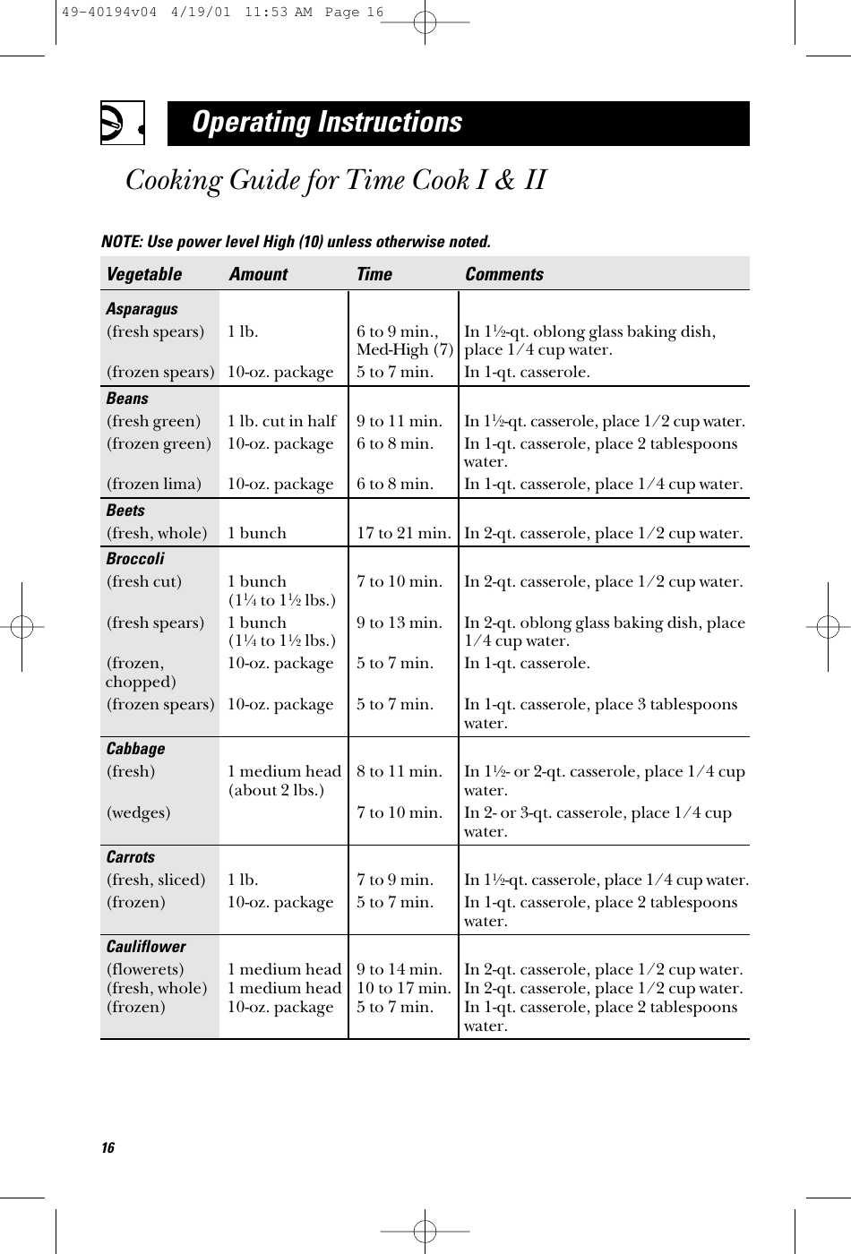 16Operating InstructionsCooking Guide for Time Cook I &amp;IINOTE: Use power level High (10) unless otherwise noted.Vegetable Amount Time CommentsAsparagus(fresh spears) 1 lb. 6 to 9 min., In 11⁄2-qt. oblong glass baking dish, Med-High (7) place 1/4 cup water. (frozen spears) 10-oz. package 5 to 7 min. In 1-qt. casserole.Beans(fresh green) 1 lb. cut in half 9 to 11 min. In 11⁄2-qt. casserole, place 1/2 cup water.(frozen green) 10-oz. package 6 to 8 min. In 1-qt. casserole, place 2 tablespoons water.(frozen lima) 10-oz. package 6 to 8 min. In 1-qt. casserole, place 1/4 cup water.Beets(fresh, whole) 1 bunch 17 to 21 min. In 2-qt. casserole, place 1/2 cup water.Broccoli(fresh cut) 1 bunch  7 to 10 min. In 2-qt. casserole, place 1/2 cup water.(11⁄4to 11⁄2lbs.)(fresh spears) 1 bunch 9 to 13 min. In 2-qt. oblong glass baking dish, place (11⁄4to 11⁄2lbs.) 1/4 cup water. (frozen,  10-oz. package 5 to 7 min. In 1-qt. casserole.chopped)(frozen spears) 10-oz. package 5 to 7 min. In 1-qt. casserole, place 3 tablespoons water.Cabbage(fresh) 1 medium head 8 to 11 min. In 11⁄2- or 2-qt. casserole, place 1/4 cup (about 2 lbs.) water.(wedges) 7 to 10 min. In 2- or 3-qt. casserole, place 1/4 cup water.Carrots(fresh, sliced) 1 lb. 7 to 9 min. In 11⁄2-qt. casserole, place 1/4 cup water.(frozen) 10-oz. package 5 to 7 min. In 1-qt. casserole, place 2 tablespoons water.Cauliflower(flowerets) 1 medium head 9 to 14 min. In 2-qt. casserole, place 1/2 cup water.(fresh, whole) 1 medium head 10 to 17 min. In 2-qt. casserole, place 1/2 cup water.(frozen) 10-oz. package 5 to 7 min. In 1-qt. casserole, place 2 tablespoons water.49-40194v04  4/19/01  11:53 AM  Page 16
