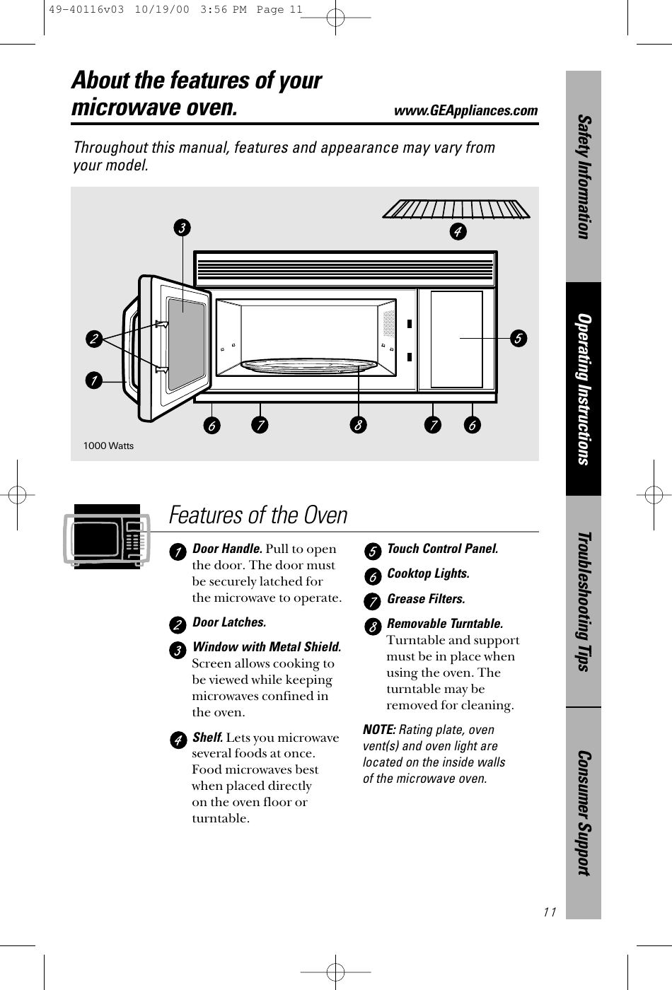 Consumer SupportTroubleshooting TipsOperating InstructionsSafety Information11About the features of your microwave oven.www.GEAppliances.comThroughout this manual, features and appearance may vary from your model.Features of the OvenDoor Handle. Pull to openthe door. The door mustbe securely latched forthe microwave to operate.Door Latches. Window with Metal Shield.Screen allows cooking tobe viewed while keepingmicrowaves confined inthe oven.Shelf. Lets you microwaveseveral foods at once.Food microwaves bestwhen placed directly on the oven floor orturntable.Touch Control Panel. Cooktop Lights.Grease Filters.Removable Turntable.Turntable and supportmust be in place whenusing the oven. Theturntable may beremoved for cleaning.NOTE: Rating plate, oven vent(s) and oven light arelocated on the inside walls of the microwave oven.1000 Watts49-40116v03  10/19/00  3:56 PM  Page 11