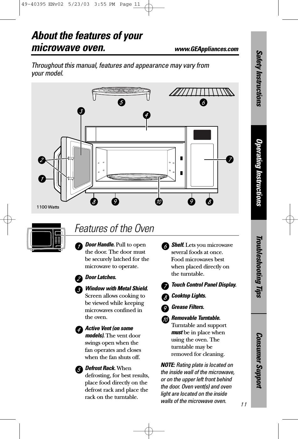Consumer SupportTroubleshooting TipsOperating InstructionsSafety Instructions11About the features of your microwave oven. www.GEAppliances.comThroughout this manual, features and appearance may vary from your model.Features of the OvenDoor Handle. Pull to openthe door. The door mustbe securely latched for themicrowave to operate.Door Latches. Window with Metal Shield.Screen allows cooking to be viewed while keepingmicrowaves confined in the oven.Active Vent (on somemodels). The vent doorswings open when the fan operates and closeswhen the fan shuts off.Defrost Rack. Whendefrosting, for best results,place food directly on thedefrost rack and place therack on the turntable.Shelf. Lets you microwaveseveral foods at once. Food microwaves best when placed directly on the turntable.Touch Control Panel Display. Cooktop Lights.Grease Filters.Removable Turntable.Turntable and supportmust be in place whenusing the oven. Theturntable may be removed for cleaning.NOTE: Rating plate is located onthe inside wall of the microwave,or on the upper left front behindthe door. Oven vent(s) and ovenlight are located on the insidewalls of the microwave oven.1100 Watts49-40395 ENv02  5/23/03  3:55 PM  Page 11