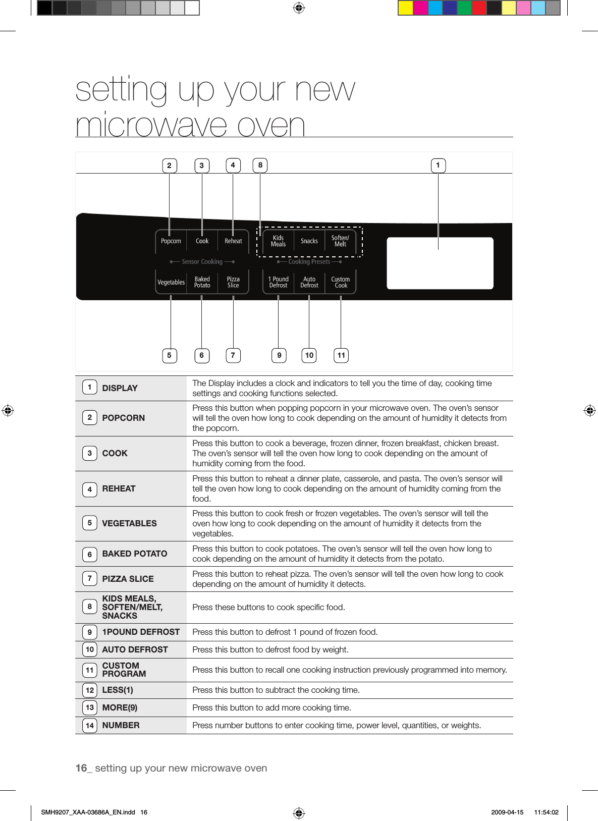 16_ setting up your new microwave oven setting up your new microwave oven1212348679 10 11 14 13 19 20 2215 16 17 18 215Timer Hi/Lo/OffDelay OffLightVentHi/Mid/Lo/Off23 2425 26DISPLAY The Display includes a clock and indicators to tell you the time of day, cooking time settings and cooking functions selected.POPCORNPress this button when popping popcorn in your microwave oven. The oven’s sensor will tell the oven how long to cook depending on the amount of humidity it detects from the popcorn.COOKPress this button to cook a beverage, frozen dinner, frozen breakfast, chicken breast. The oven’s sensor will tell the oven how long to cook depending on the amount of humidity coming from the food.REHEATPress this button to reheat a dinner plate, casserole, and pasta. The oven’s sensor will tell the oven how long to cook depending on the amount of humidity coming from the food.VEGETABLESPress this button to cook fresh or frozen vegetables. The oven’s sensor will tell the oven how long to cook depending on the amount of humidity it detects from the vegetables.BAKED POTATO Press this button to cook potatoes. The oven’s sensor will tell the oven how long to cook depending on the amount of humidity it detects from the potato.PIZZA SLICE Press this button to reheat pizza. The oven’s sensor will tell the oven how long to cook depending on the amount of humidity it detects.KIDS MEALS, SOFTEN/MELT, SNACKSPress these buttons to cook speciﬁc food.1POUND DEFROST Press this button to defrost 1 pound of frozen food.AUTO DEFROST Press this button to defrost food by weight.CUSTOM PROGRAM Press this button to recall one cooking instruction previously programmed into memory.LESS(1) Press this button to subtract the cooking time.MORE(9) Press this button to add more cooking time.NUMBER Press number buttons to enter cooking time, power level, quantities, or weights.1234567891011121314SMH9207_XAA-03686A_EN.indd   16 2009-04-15    11:54:02