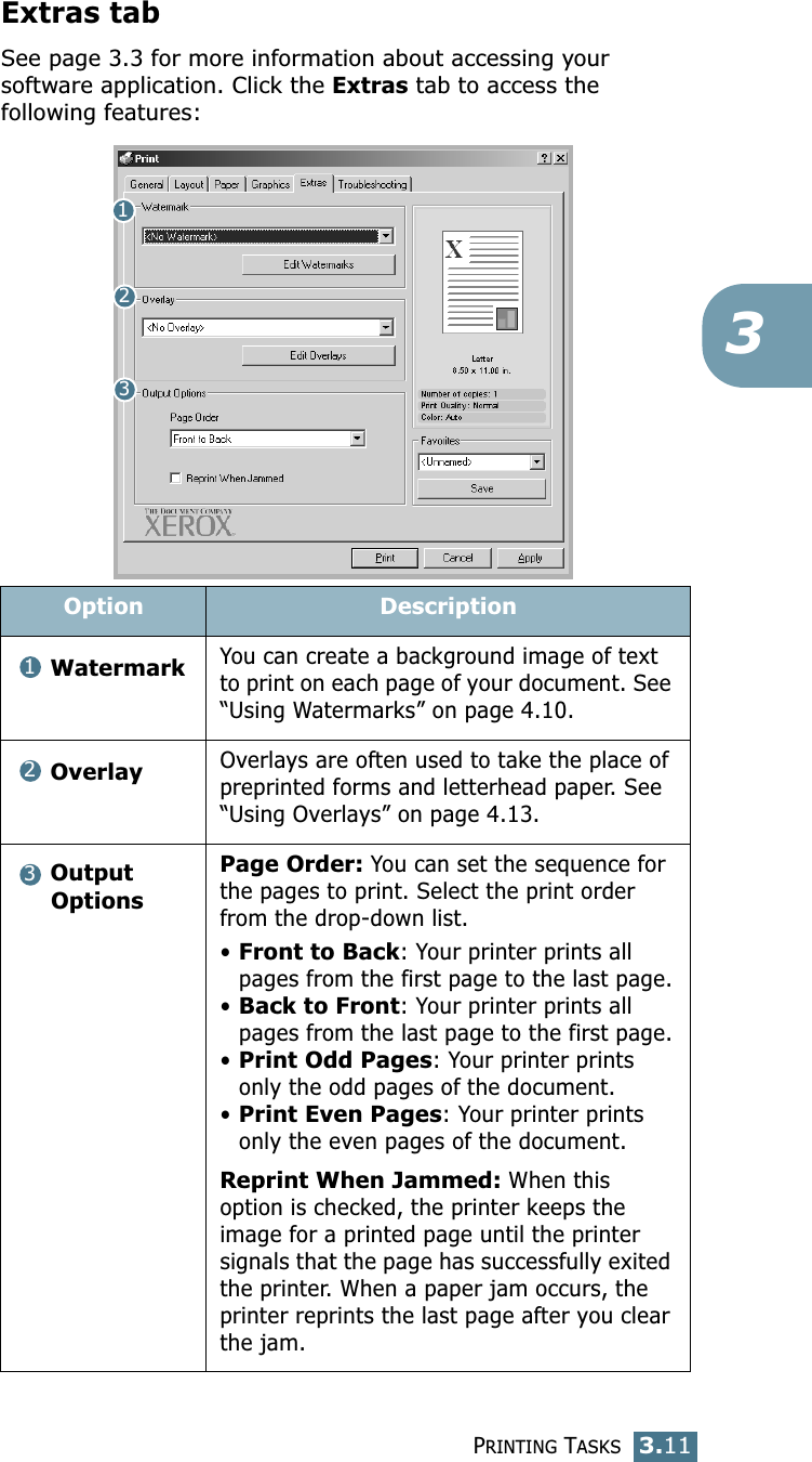 PRINTING TASKS3.113Extras tabSee page 3.3 for more information about accessing your software application. Click the Extras tab to access the following features: Option DescriptionWatermarkYou can create a background image of text to print on each page of your document. See “Using Watermarks” on page 4.10.OverlayOverlays are often used to take the place of preprinted forms and letterhead paper. See “Using Overlays” on page 4.13.Output OptionsPage Order: You can set the sequence for the pages to print. Select the print order from the drop-down list.•Front to Back: Your printer prints all pages from the first page to the last page.•Back to Front: Your printer prints all pages from the last page to the first page.•Print Odd Pages: Your printer prints only the odd pages of the document.•Print Even Pages: Your printer prints only the even pages of the document.Reprint When Jammed: When this option is checked, the printer keeps the image for a printed page until the printer signals that the page has successfully exited the printer. When a paper jam occurs, the printer reprints the last page after you clear the jam.123123