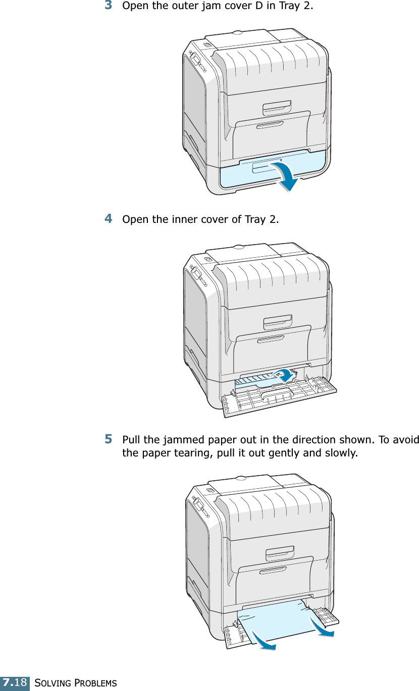 SOLVING PROBLEMS7.183Open the outer jam cover D in Tray 2.4Open the inner cover of Tray 2.5Pull the jammed paper out in the direction shown. To avoid the paper tearing, pull it out gently and slowly.