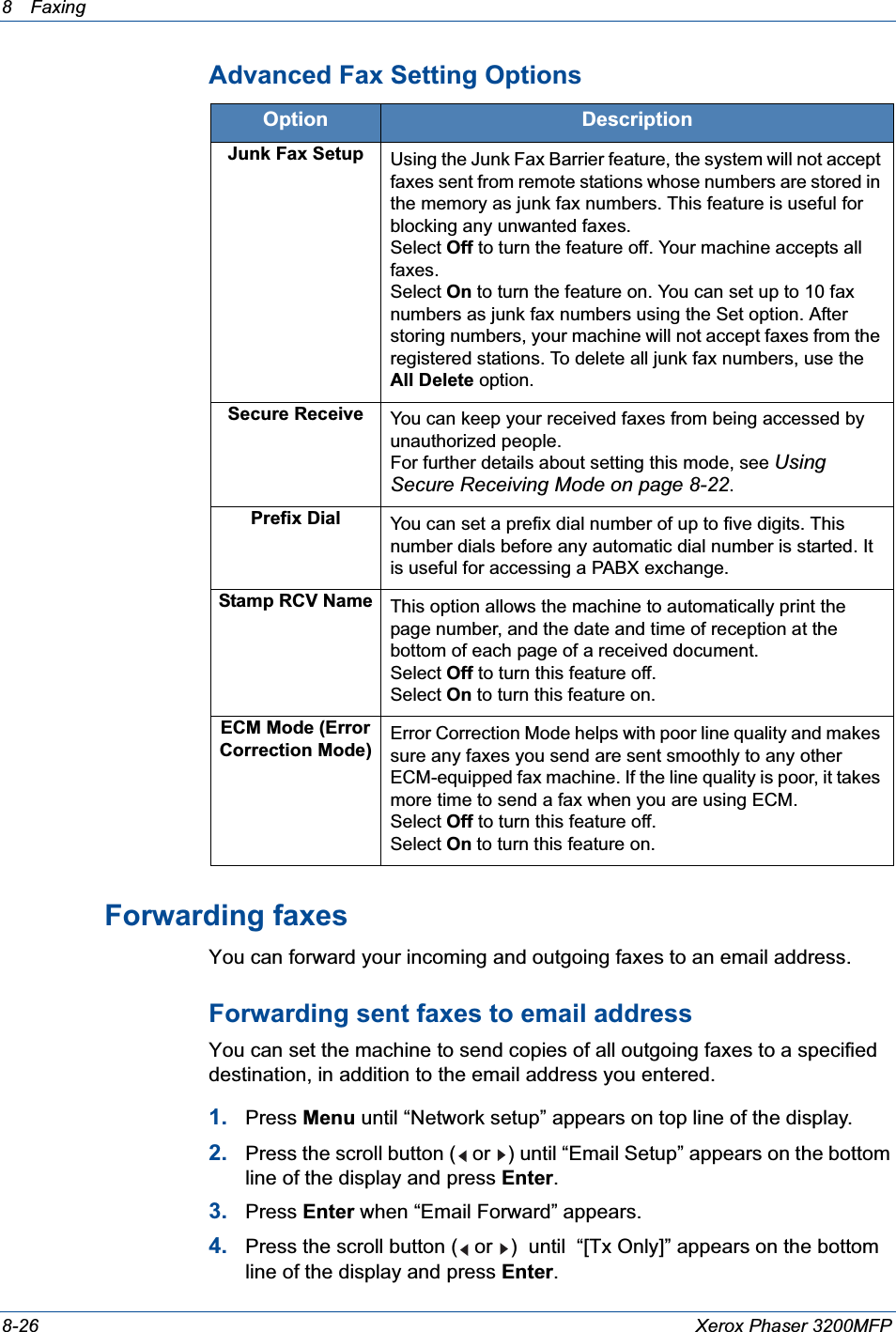 8 Faxing 8-26 Xerox Phaser 3200MFPAdvanced Fax Setting OptionsForwarding faxesYou can forward your incoming and outgoing faxes to an email address.Forwarding sent faxes to email addressYou can set the machine to send copies of all outgoing faxes to a specified destination, in addition to the email address you entered.1. Press Menu until “Network setup” appears on top line of the display.2. Press the scroll button (  or  ) until “Email Setup” appears on the bottom line of the display and press Enter.3. Press Enter when “Email Forward” appears.4. Press the scroll button (  or  )  until  “[Tx Only]” appears on the bottom line of the display and press Enter.Option DescriptionJunk Fax Setup Using the Junk Fax Barrier feature, the system will not accept faxes sent from remote stations whose numbers are stored in the memory as junk fax numbers. This feature is useful for blocking any unwanted faxes.Select Off to turn the feature off. Your machine accepts all faxes.Select On to turn the feature on. You can set up to 10 fax numbers as junk fax numbers using the Set option. After storing numbers, your machine will not accept faxes from the registered stations. To delete all junk fax numbers, use the All Delete option.Secure Receive You can keep your received faxes from being accessed by unauthorized people.For further details about setting this mode, see Using Secure Receiving Mode on page 8-22.Prefix Dial You can set a prefix dial number of up to five digits. This number dials before any automatic dial number is started. It is useful for accessing a PABX exchange.Stamp RCV Name This option allows the machine to automatically print the page number, and the date and time of reception at the bottom of each page of a received document.Select Off to turn this feature off.Select On to turn this feature on.ECM Mode (Error Correction Mode) Error Correction Mode helps with poor line quality and makes sure any faxes you send are sent smoothly to any other ECM-equipped fax machine. If the line quality is poor, it takes more time to send a fax when you are using ECM.Select Off to turn this feature off.Select On to turn this feature on.