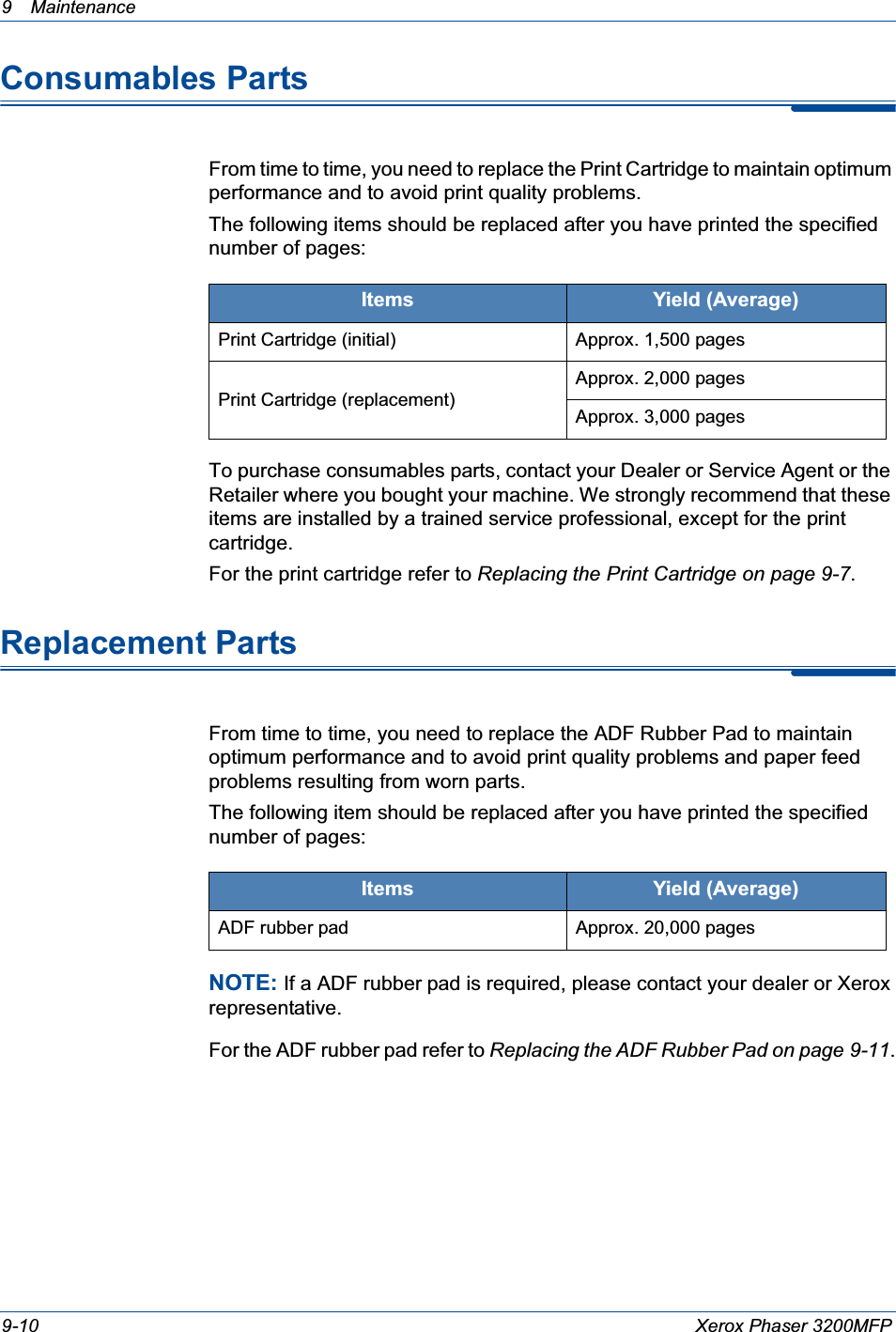 9 Maintenance 9-10 Xerox Phaser 3200MFPConsumables PartsFrom time to time, you need to replace the Print Cartridge to maintain optimum performance and to avoid print quality problems.The following items should be replaced after you have printed the specified number of pages:To purchase consumables parts, contact your Dealer or Service Agent or the Retailer where you bought your machine. We strongly recommend that these items are installed by a trained service professional, except for the print cartridge.For the print cartridge refer to Replacing the Print Cartridge on page 9-7.Replacement PartsFrom time to time, you need to replace the ADF Rubber Pad to maintain optimum performance and to avoid print quality problems and paper feed problems resulting from worn parts.The following item should be replaced after you have printed the specified number of pages:NOTE: If a ADF rubber pad is required, please contact your dealer or Xerox representative.For the ADF rubber pad refer to Replacing the ADF Rubber Pad on page 9-11.Items Yield (Average)Print Cartridge (initial) Approx. 1,500 pagesPrint Cartridge (replacement)Approx. 2,000 pagesApprox. 3,000 pagesItems Yield (Average)ADF rubber pad Approx. 20,000 pages
