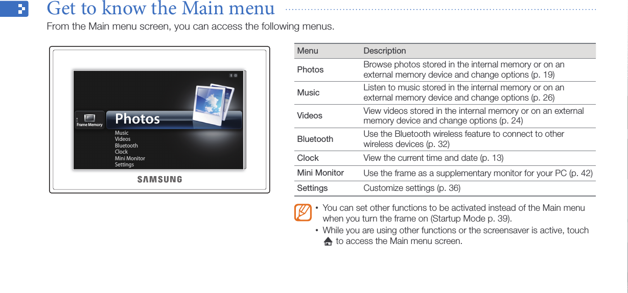 Get started12Get to know the Main menu  From the Main menu screen, you can access the following menus.Menu DescriptionPhotos Browse photos stored in the internal memory or on an external memory device and change options (p. 19)Music Listen to music stored in the internal memory or on an external memory device and change options (p. 26)Videos View videos stored in the internal memory or on an external memory device and change options (p. 24)Bluetooth Use the Bluetooth wireless feature to connect to other wireless devices (p. 32)Clock View the current time and date (p. 13)Mini Monitor Use the frame as a supplementary monitor for your PC (p. 42)Settings Customize settings (p. 36)You can set other functions to be activated instead of the Main menu •when you turn the frame on (Startup Mode p. 39).While you are using other functions or the screensaver is active, touch •h to access the Main menu screen.Frame MemoryMusicVideosBluetoothClockMini MonitorSettingsPhotos
