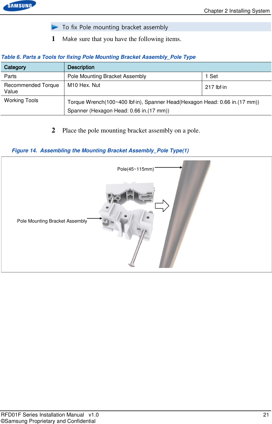   Chapter 2 Installing System RFD01F Series Installation Manual   v1.0   21 © Samsung Proprietary and Confidential  To fix Pole mounting bracket assembly 1  Make sure that you have the following items. Table 6. Parts a Tools for fixing Pole Mounting Bracket Assembly_Pole Type Category Description Parts Pole Mounting Bracket Assembly 1 Set Recommended Torque Value M10 Hex. Nut 217 lbf·in Working Tools Torque Wrench(100~400 lbf·in), Spanner Head(Hexagon Head: 0.66 in.(17 mm)) Spanner (Hexagon Head: 0.66 in.(17 mm))  2  Place the pole mounting bracket assembly on a pole. Figure 14.  Assembling the Mounting Bracket Assembly_Pole Type(1)    Pole Mounting Bracket Assembly Pole(45~115mm) 