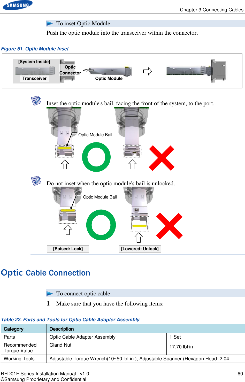   Chapter 3 Connecting Cables RFD01F Series Installation Manual   v1.0   60 © Samsung Proprietary and Confidential  To inset Optic Module Push the optic module into the transceiver within the connector. Figure 51. Optic Module Inset   Inset the optic module&apos;s bail, facing the front of the system, to the port.   Do not inset when the optic module&apos;s bail is unlocked.  Optic Cable Connection  To connect optic cable 1  Make sure that you have the following items: Table 22. Parts and Tools for Optic Cable Adapter Assembly Category Description Parts Optic Cable Adapter Assembly 1 Set Recommended Torque Value Gland Nut 17.70 lbf·in Working Tools Adjustable Torque Wrench(10~50 lbf.in.), Adjustable Spanner (Hexagon Head: 2.04 Optic Module Bail [Raised: Lock] [Lowered: Unlock] Optic Module Bail [System Inside] Transceiver Optic Module Optic Connector 