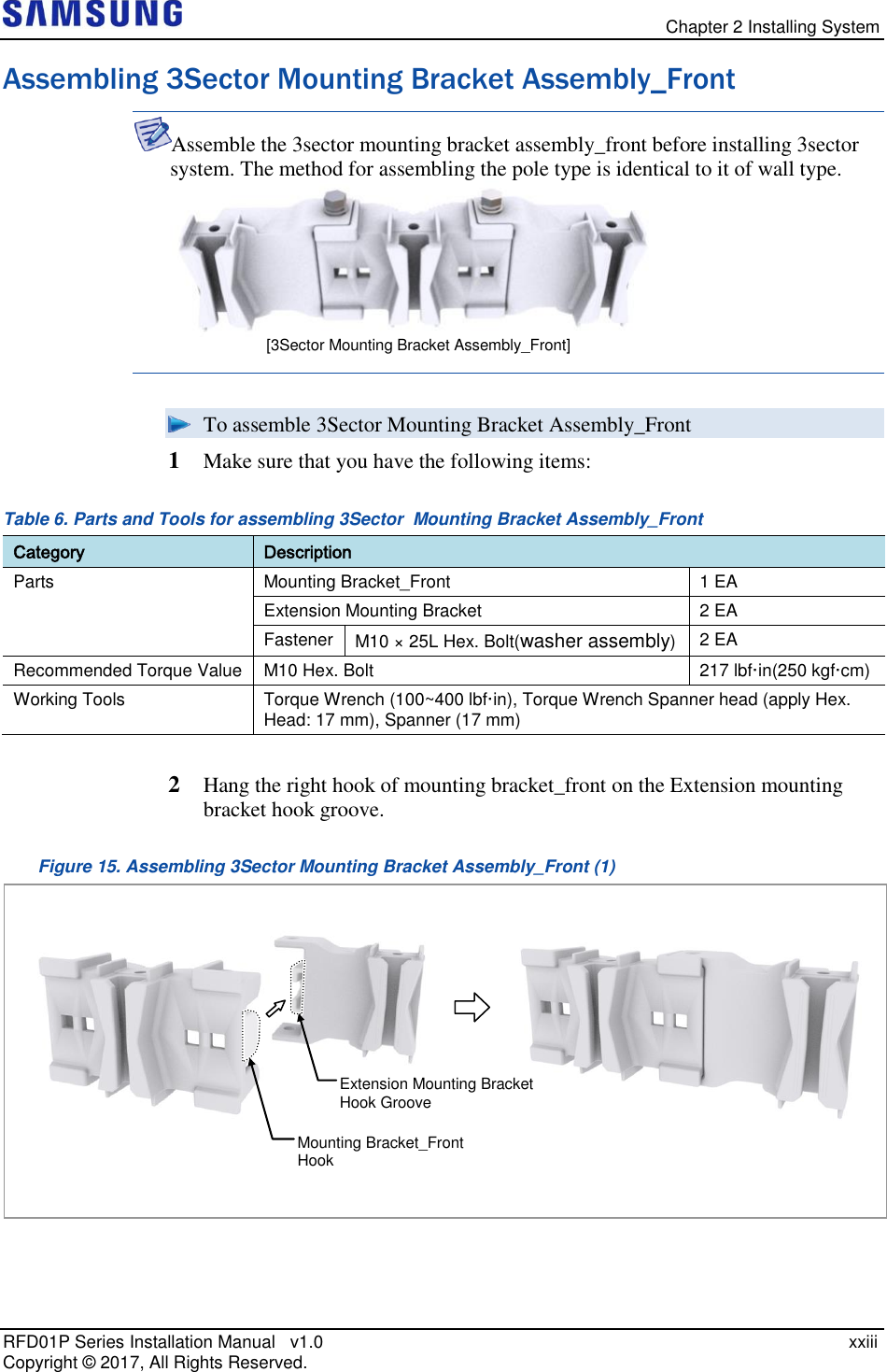   Chapter 2 Installing System RFD01P Series Installation Manual   v1.0    xxiii Copyright ©  2017, All Rights Reserved. Assembling 3Sector Mounting Bracket Assembly_Front Assemble the 3sector mounting bracket assembly_front before installing 3sector system. The method for assembling the pole type is identical to it of wall type.   To assemble 3Sector Mounting Bracket Assembly_Front 1  Make sure that you have the following items: Table 6. Parts and Tools for assembling 3Sector  Mounting Bracket Assembly_Front Category Description Parts Mounting Bracket_Front 1 EA Extension Mounting Bracket 2 EA Fastener M10 × 25L Hex. Bolt(washer assembly) 2 EA Recommended Torque Value M10 Hex. Bolt 217 lbf·in(250 kgf·cm) Working Tools Torque Wrench (100~400 lbf·in), Torque Wrench Spanner head (apply Hex. Head: 17 mm), Spanner (17 mm)  2  Hang the right hook of mounting bracket_front on the Extension mounting bracket hook groove. Figure 15. Assembling 3Sector Mounting Bracket Assembly_Front (1)  Mounting Bracket_Front Hook   Extension Mounting Bracket Hook Groove [3Sector Mounting Bracket Assembly_Front] 