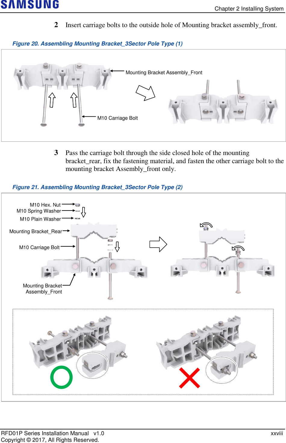   Chapter 2 Installing System RFD01P Series Installation Manual   v1.0    xxviii Copyright ©  2017, All Rights Reserved. 2  Insert carriage bolts to the outside hole of Mounting bracket assembly_front. Figure 20. Assembling Mounting Bracket_3Sector Pole Type (1)  3  Pass the carriage bolt through the side closed hole of the mounting bracket_rear, fix the fastening material, and fasten the other carriage bolt to the mounting bracket Assembly_front only. Figure 21. Assembling Mounting Bracket_3Sector Pole Type (2)   M10 Spring Washer M10 Plain Washer Mounting Bracket_Rear M10 Carriage Bolt M10 Hex. Nut Mounting Bracket Assembly_Front      M10 Carriage Bolt Mounting Bracket Assembly_Front  