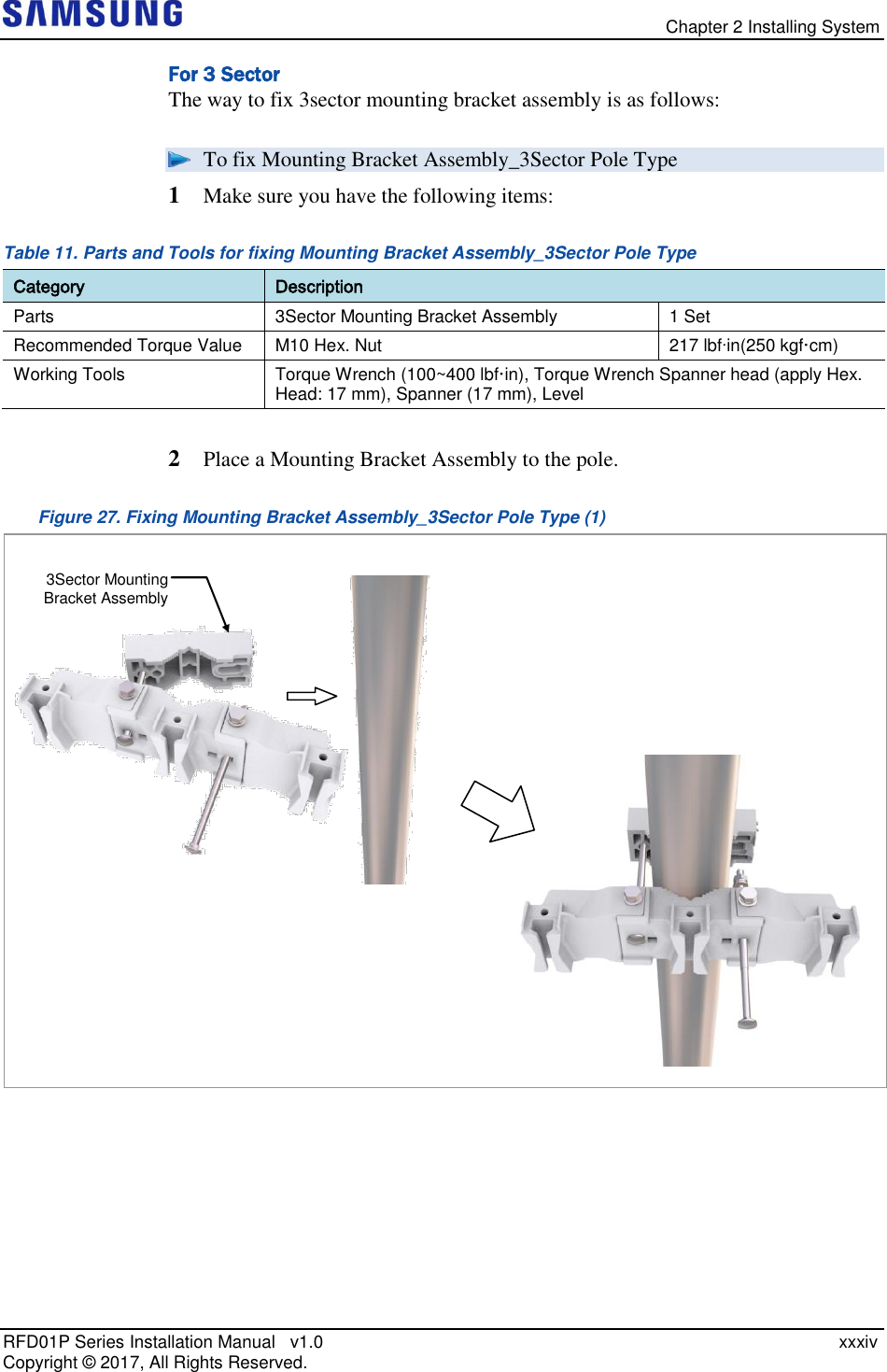   Chapter 2 Installing System RFD01P Series Installation Manual   v1.0    xxxiv Copyright ©  2017, All Rights Reserved. For 3 Sector The way to fix 3sector mounting bracket assembly is as follows:  To fix Mounting Bracket Assembly_3Sector Pole Type 1  Make sure you have the following items: Table 11. Parts and Tools for fixing Mounting Bracket Assembly_3Sector Pole Type Category Description Parts 3Sector Mounting Bracket Assembly 1 Set Recommended Torque Value M10 Hex. Nut 217 lbfin(250 kgf·cm) Working Tools Torque Wrench (100~400 lbf·in), Torque Wrench Spanner head (apply Hex. Head: 17 mm), Spanner (17 mm), Level  2  Place a Mounting Bracket Assembly to the pole. Figure 27. Fixing Mounting Bracket Assembly_3Sector Pole Type (1)    3Sector Mounting Bracket Assembly 