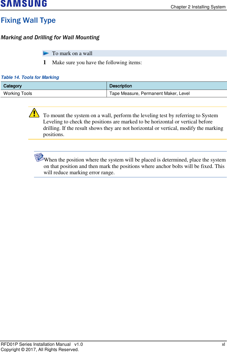  Chapter 2 Installing System RFD01P Series Installation Manual   v1.0   xl Copyright ©  2017, All Rights Reserved. Fixing Wall Type Marking and Drilling for Wall Mounting  To mark on a wall 1  Make sure you have the following items: Table 14. Tools for Marking Category Description Working Tools Tape Measure, Permanent Maker, Level   To mount the system on a wall, perform the leveling test by referring to System Leveling to check the positions are marked to be horizontal or vertical before drilling. If the result shows they are not horizontal or vertical, modify the marking positions.  When the position where the system will be placed is determined, place the system on that position and then mark the positions where anchor bolts will be fixed. This will reduce marking error range.     