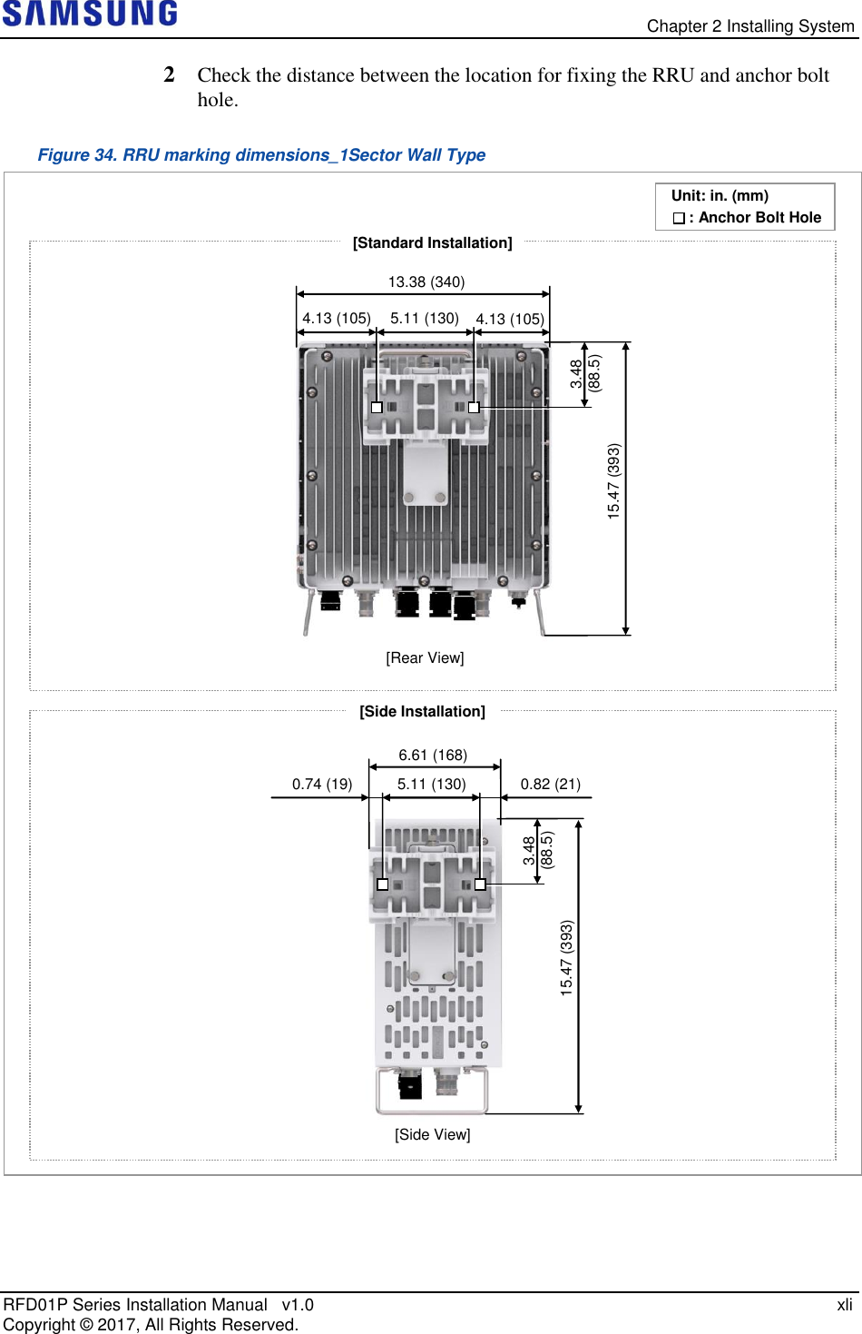   Chapter 2 Installing System RFD01P Series Installation Manual   v1.0    xli Copyright ©  2017, All Rights Reserved. 2  Check the distance between the location for fixing the RRU and anchor bolt hole.  Figure 34. RRU marking dimensions_1Sector Wall Type      [Rear View] [Side Installation] [Standard Installation] Unit: in. (mm)   [Side View] 3.48  (88.5)   5.11 (130)   13.38 (340)   4.13 (105)   4.13 (105)   15.47 (393)   5.11 (130)   6.61 (168)  0.74 (19)   0.82 (21)   3.48  (88.5)   15.47 (393)       : Anchor Bolt Hole 