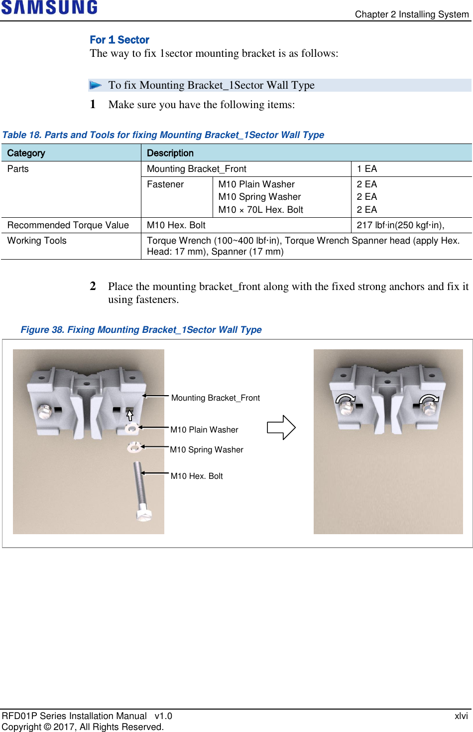   Chapter 2 Installing System RFD01P Series Installation Manual   v1.0    xlvi Copyright ©  2017, All Rights Reserved. For 1 Sector The way to fix 1sector mounting bracket is as follows:  To fix Mounting Bracket_1Sector Wall Type 1  Make sure you have the following items: Table 18. Parts and Tools for fixing Mounting Bracket_1Sector Wall Type  Category Description Parts Mounting Bracket_Front 1 EA Fastener M10 Plain Washer M10 Spring Washer M10 × 70L Hex. Bolt 2 EA 2 EA 2 EA Recommended Torque Value M10 Hex. Bolt 217 lbfin(250 kgf·in), Working Tools Torque Wrench (100~400 lbf·in), Torque Wrench Spanner head (apply Hex. Head: 17 mm), Spanner (17 mm)  2  Place the mounting bracket_front along with the fixed strong anchors and fix it using fasteners. Figure 38. Fixing Mounting Bracket_1Sector Wall Type     Mounting Bracket_Front M10 Plain Washer  M10 Spring Washer M10 Hex. Bolt 