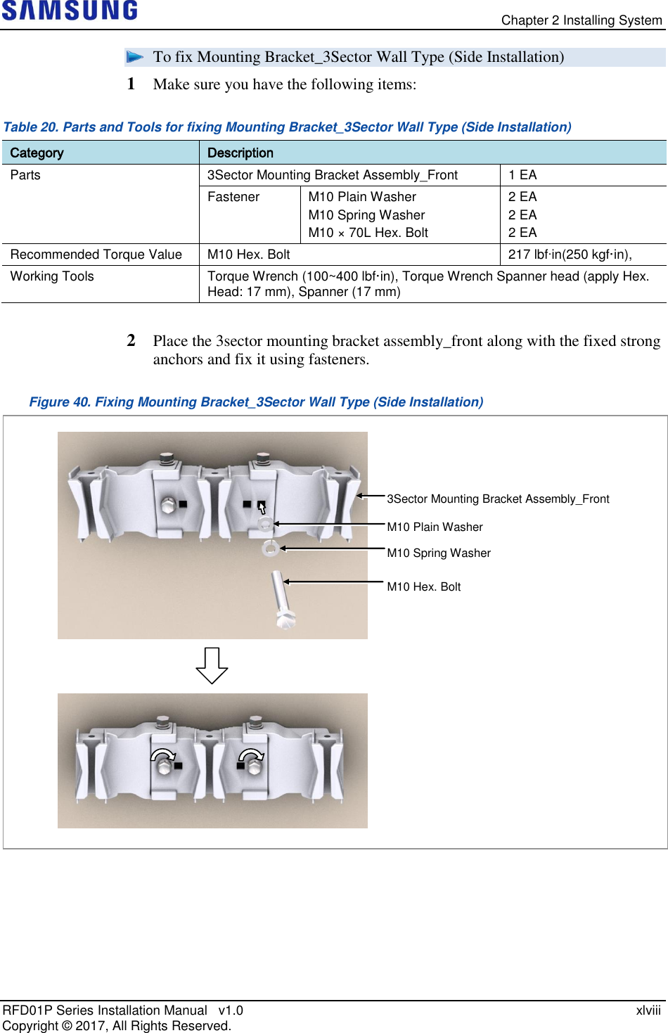  Chapter 2 Installing System RFD01P Series Installation Manual   v1.0    xlviii Copyright ©  2017, All Rights Reserved.  To fix Mounting Bracket_3Sector Wall Type (Side Installation) 1  Make sure you have the following items: Table 20. Parts and Tools for fixing Mounting Bracket_3Sector Wall Type (Side Installation) Category Description Parts 3Sector Mounting Bracket Assembly_Front 1 EA Fastener M10 Plain Washer M10 Spring Washer M10 × 70L Hex. Bolt 2 EA  2 EA  2 EA Recommended Torque Value M10 Hex. Bolt 217 lbfin(250 kgf·in), Working Tools Torque Wrench (100~400 lbf·in), Torque Wrench Spanner head (apply Hex. Head: 17 mm), Spanner (17 mm)  2  Place the 3sector mounting bracket assembly_front along with the fixed strong anchors and fix it using fasteners. Figure 40. Fixing Mounting Bracket_3Sector Wall Type (Side Installation)    3Sector Mounting Bracket Assembly_Front M10 Plain Washer  M10 Spring Washer M10 Hex. Bolt 