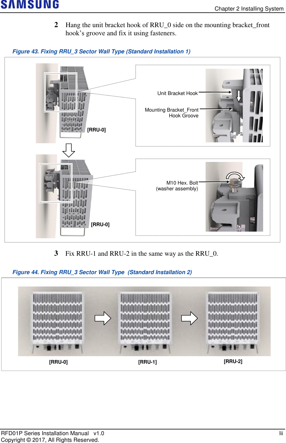   Chapter 2 Installing System RFD01P Series Installation Manual   v1.0   lii Copyright ©  2017, All Rights Reserved. 2  Hang the unit bracket hook of RRU_0 side on the mounting bracket_front hook’s groove and fix it using fasteners. Figure 43. Fixing RRU_3 Sector Wall Type (Standard Installation 1)  3  Fix RRU-1 and RRU-2 in the same way as the RRU_0. Figure 44. Fixing RRU_3 Sector Wall Type  (Standard Installation 2)   [RRU-0] [RRU-1] [RRU-2]    Unit Bracket Hook Mounting Bracket_Front Hook Groove M10 Hex. Bolt (washer assembly)  [RRU-0] [RRU-0] 