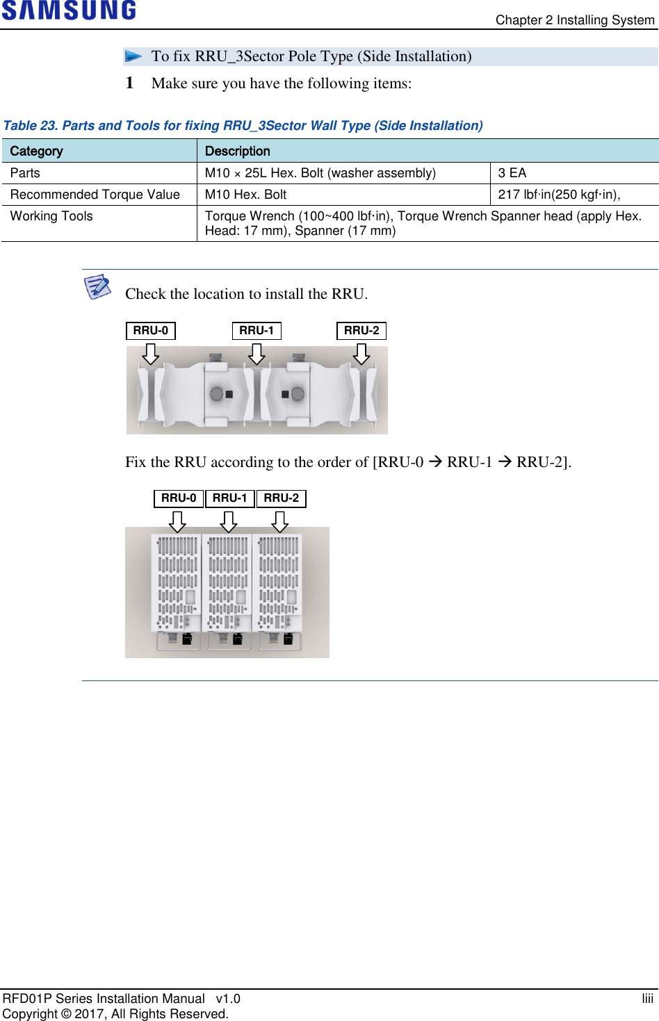   Chapter 2 Installing System RFD01P Series Installation Manual   v1.0   liii Copyright ©  2017, All Rights Reserved.  To fix RRU_3Sector Pole Type (Side Installation) 1  Make sure you have the following items: Table 23. Parts and Tools for fixing RRU_3Sector Wall Type (Side Installation) Category Description Parts M10 × 25L Hex. Bolt (washer assembly) 3 EA Recommended Torque Value M10 Hex. Bolt 217 lbfin(250 kgf·in), Working Tools Torque Wrench (100~400 lbf·in), Torque Wrench Spanner head (apply Hex. Head: 17 mm), Spanner (17 mm)   Check the location to install the RRU.    Fix the RRU according to the order of [RRU-0  RRU-1  RRU-2].      RRU-1 RRU-0 RRU-2 RRU-1 RRU-0 RRU-2 