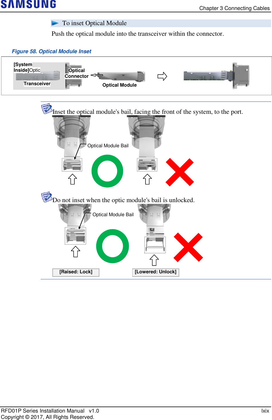   Chapter 3 Connecting Cables RFD01P Series Installation Manual   v1.0    lxix Copyright ©  2017, All Rights Reserved.  To inset Optical Module Push the optical module into the transceiver within the connector. Figure 58. Optical Module Inset  Inset the optical module&apos;s bail, facing the front of the system, to the port.  Do not inset when the optic module&apos;s bail is unlocked.    Optical Module Bail [Raised: Lock] [Lowered: Unlock] Optical Module Bail [System Inside]Optic Transceiver Removal Tool Transceiver Optical Module Optical Connector 