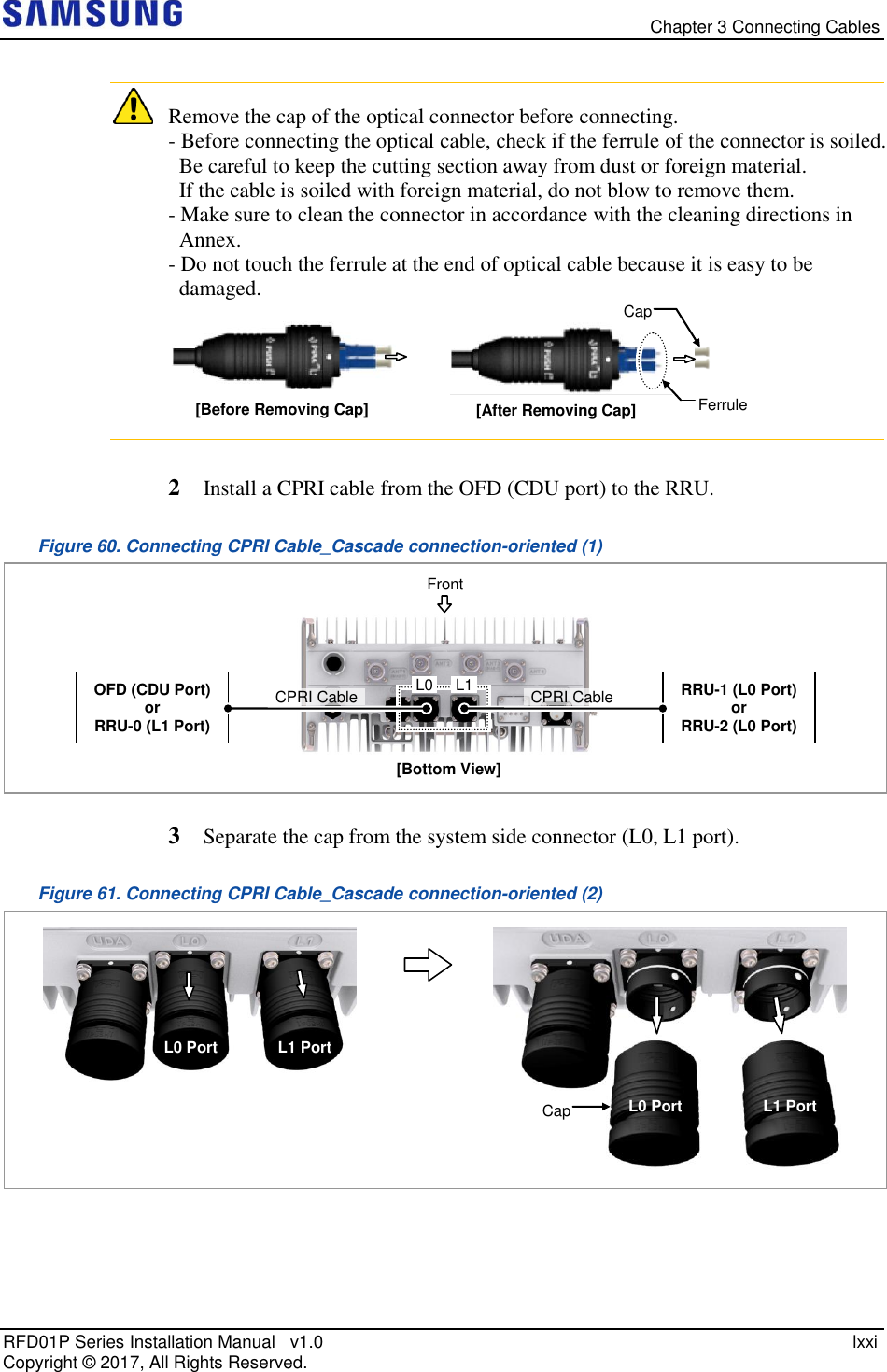   Chapter 3 Connecting Cables RFD01P Series Installation Manual   v1.0    lxxi Copyright ©  2017, All Rights Reserved.   Remove the cap of the optical connector before connecting. - Before connecting the optical cable, check if the ferrule of the connector is soiled.     Be careful to keep the cutting section away from dust or foreign material.    If the cable is soiled with foreign material, do not blow to remove them. - Make sure to clean the connector in accordance with the cleaning directions in    Annex. - Do not touch the ferrule at the end of optical cable because it is easy to be    damaged.   2  Install a CPRI cable from the OFD (CDU port) to the RRU. Figure 60. Connecting CPRI Cable_Cascade connection-oriented (1)   3  Separate the cap from the system side connector (L0, L1 port). Figure 61. Connecting CPRI Cable_Cascade connection-oriented (2)    Cap L0 Port L0 Port L1 Port L1 Port [Bottom View] OFD (CDU Port) or RRU-0 (L1 Port) CPRI Cable  Front RRU-1 (L0 Port) or RRU-2 (L0 Port) CPRI Cable  L0  L1  Ferrule [Before Removing Cap] [After Removing Cap] Cap 