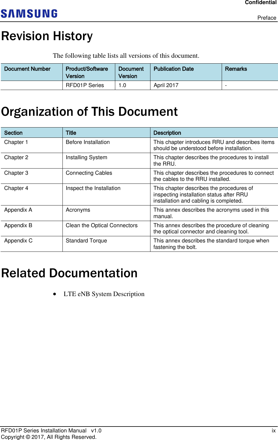 Confidential   Preface RFD01P Series Installation Manual   v1.0   ix Copyright ©  2017, All Rights Reserved. Revision History The following table lists all versions of this document. Document Number Product/Software Version Document Version Publication Date Remarks  RFD01P Series 1.0 April 2017 - Organization of This Document Section Title Description Chapter 1 Before Installation This chapter introduces RRU and describes items should be understood before installation. Chapter 2 Installing System This chapter describes the procedures to install the RRU. Chapter 3 Connecting Cables This chapter describes the procedures to connect the cables to the RRU installed. Chapter 4 Inspect the Installation This chapter describes the procedures of inspecting installation status after RRU installation and cabling is completed. Appendix A Acronyms This annex describes the acronyms used in this manual. Appendix B Clean the Optical Connectors This annex describes the procedure of cleaning the optical connector and cleaning tool. Appendix C Standard Torque This annex describes the standard torque when fastening the bolt. Related Documentation   LTE eNB System Description    