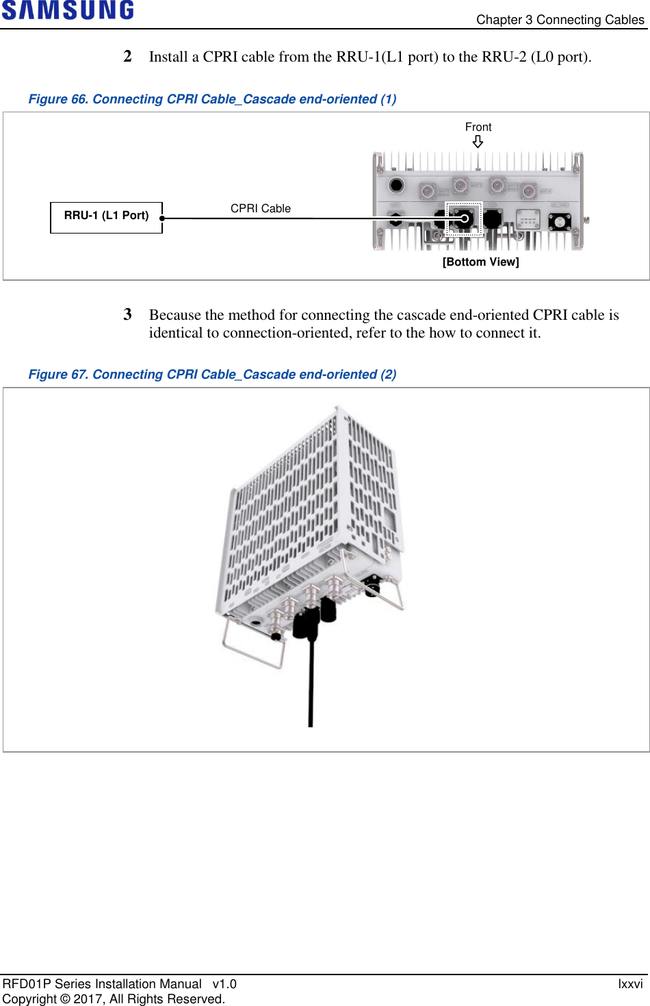   Chapter 3 Connecting Cables RFD01P Series Installation Manual   v1.0    lxxvi Copyright ©  2017, All Rights Reserved. 2  Install a CPRI cable from the RRU-1(L1 port) to the RRU-2 (L0 port). Figure 66. Connecting CPRI Cable_Cascade end-oriented (1)   3  Because the method for connecting the cascade end-oriented CPRI cable is identical to connection-oriented, refer to the how to connect it. Figure 67. Connecting CPRI Cable_Cascade end-oriented (2)     [Bottom View] RRU-1 (L1 Port) CPRI Cable  Front 