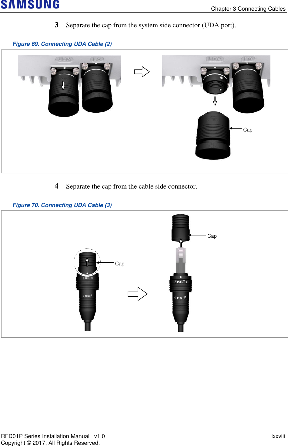   Chapter 3 Connecting Cables RFD01P Series Installation Manual   v1.0    lxxviii Copyright ©  2017, All Rights Reserved. 3  Separate the cap from the system side connector (UDA port). Figure 69. Connecting UDA Cable (2)   4  Separate the cap from the cable side connector. Figure 70. Connecting UDA Cable (3)   Cap Cap Cap L0 Port UDA  Port 