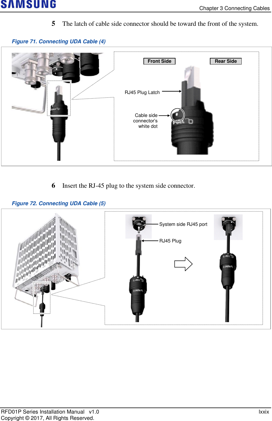   Chapter 3 Connecting Cables RFD01P Series Installation Manual   v1.0    lxxix Copyright ©  2017, All Rights Reserved. 5  The latch of cable side connector should be toward the front of the system. Figure 71. Connecting UDA Cable (4)    6  Insert the RJ-45 plug to the system side connector. Figure 72. Connecting UDA Cable (5)      RJ45 Plug   System side RJ45 port  RJ45 Plug Latch Cable side connector’s  white dot Front Side Rear Side 