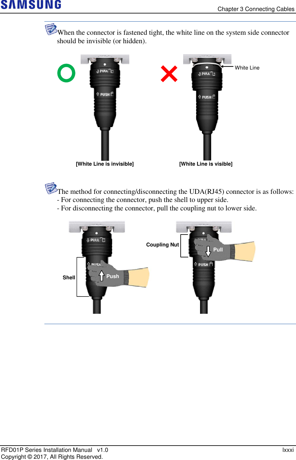   Chapter 3 Connecting Cables RFD01P Series Installation Manual   v1.0    lxxxi Copyright ©  2017, All Rights Reserved. When the connector is fastened tight, the white line on the system side connector should be invisible (or hidden).    The method for connecting/disconnecting the UDA(RJ45) connector is as follows:  - For connecting the connector, push the shell to upper side. - For disconnecting the connector, pull the coupling nut to lower side.       Shell Coupling Nut Push Pull White Line [White Line is invisible] [White Line is visible] 