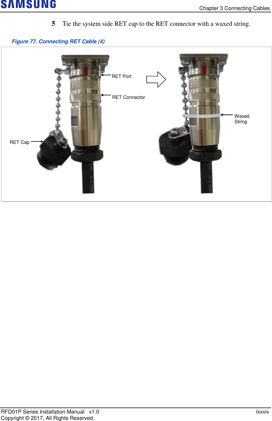   Chapter 3 Connecting Cables RFD01P Series Installation Manual   v1.0    lxxxiv Copyright ©  2017, All Rights Reserved. 5  Tie the system side RET cap to the RET connector with a waxed string. Figure 77. Connecting RET Cable (4)    RET Cap Waxed String RET Connector RET Port 