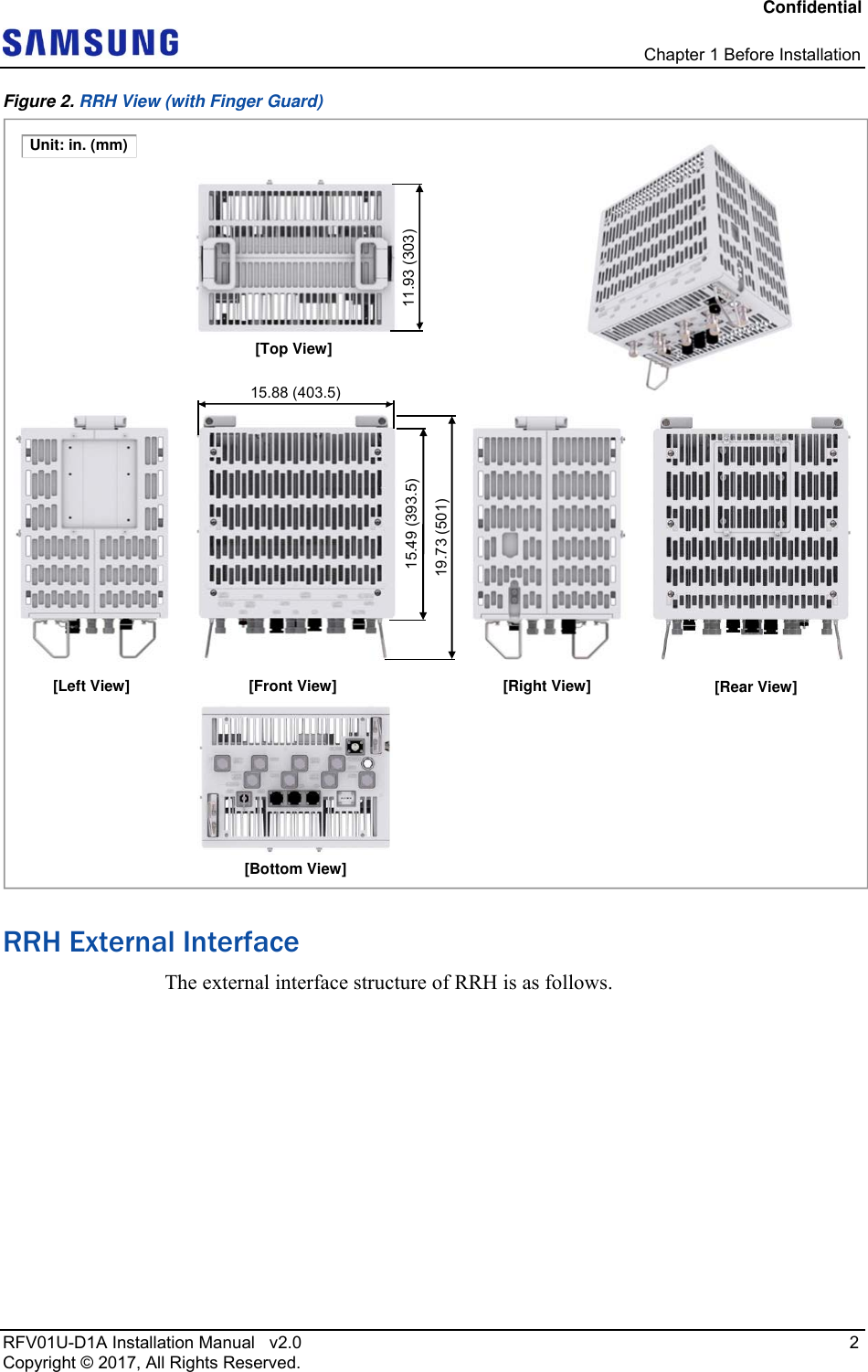 Confidential   Chapter 1 Before Installation RFV01U-D1A Installation Manual   v2.0   2 Copyright © 2017, All Rights Reserved. Figure 2. RRH View (with Finger Guard)  RRH External Interface The external interface structure of RRH is as follows. [Bottom View]15.49 (393.5) [Front View][Top View] [Left View]  [Right View] [Rear View] 19.73 (501) 11.93 (303) 15.88 (403.5) Unit: in. (mm) 