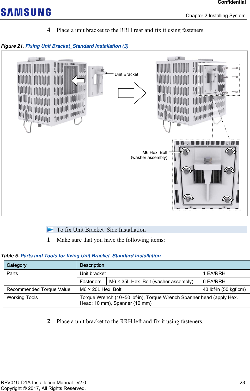 Confidential   Chapter 2 Installing System RFV01U-D1A Installation Manual   v2.0   23 Copyright © 2017, All Rights Reserved. 4  Place a unit bracket to the RRH rear and fix it using fasteners. Figure 21. Fixing Unit Bracket_Standard Installation (3)   To fix Unit Bracket_Side Installation 1  Make sure that you have the following items: Table 5. Parts and Tools for fixing Unit Bracket_Standard Installation Category  Description Parts  Unit bracket  1 EA/RRH Fasteners M6 × 35L Hex. Bolt (washer assembly)  6 EA/RRH Recommended Torque Value  M6 × 20L Hex. Bolt  43 lbfin (50 kgfcm)Working Tools  Torque Wrench (10~50 lbfin), Torque Wrench Spanner head (apply Hex. Head: 10 mm), Spanner (10 mm)  2  Place a unit bracket to the RRH left and fix it using fasteners.  Unit BracketM6 Hex. Bolt(washer assembly)